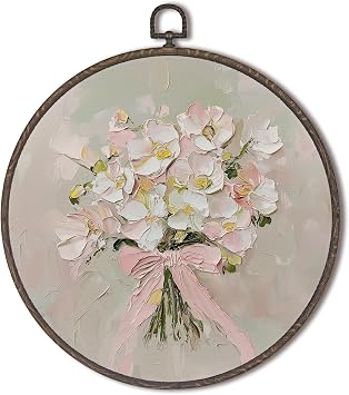 LDYLH Vintage Coquette Floral Round Framed Wall Art Decor, Pink Coquette Bow Flower Girls Hanging Wall Room Decor Decorations, Girly Preppy Canvas Prints Wall Art Pictures Paintings, 10x10 Inches