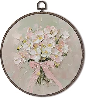 XNXLDYLH Vintage Coquette Floral Round Framed Wall Art Decor, Pink Coquette Bow Flower Girls Hanging Wall Room Decor Decorations, Girly Preppy Canvas Prints Wall Art Pictures Paintings, 10x10 Inches