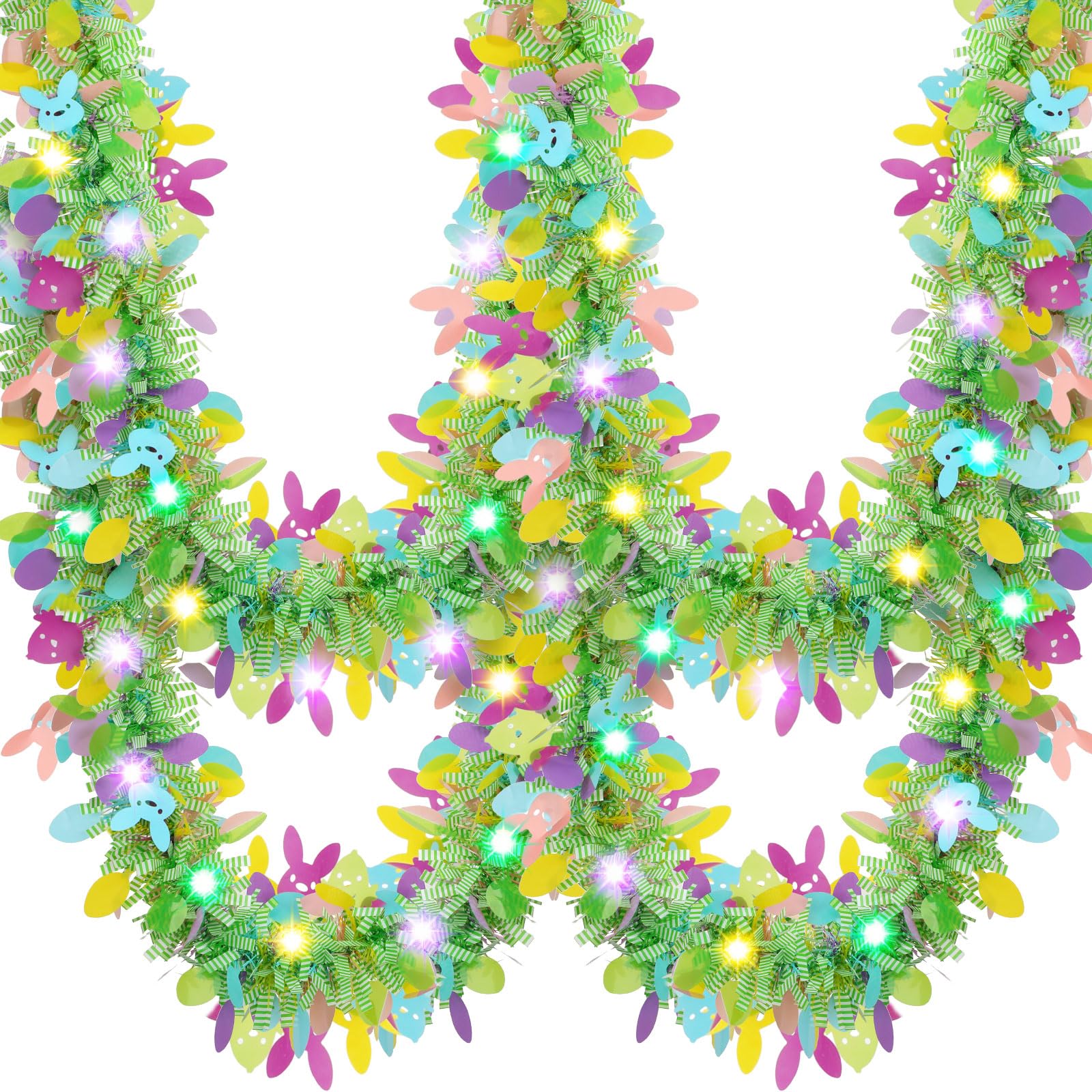 Chuangdi 9 Pcs Easter Tinsel Garland with LED Lights Easter Metallic Twist Garland Decorations for Tree Battery Operated Hanging Garland for Easter Party Supplies(Bunny and Chick)