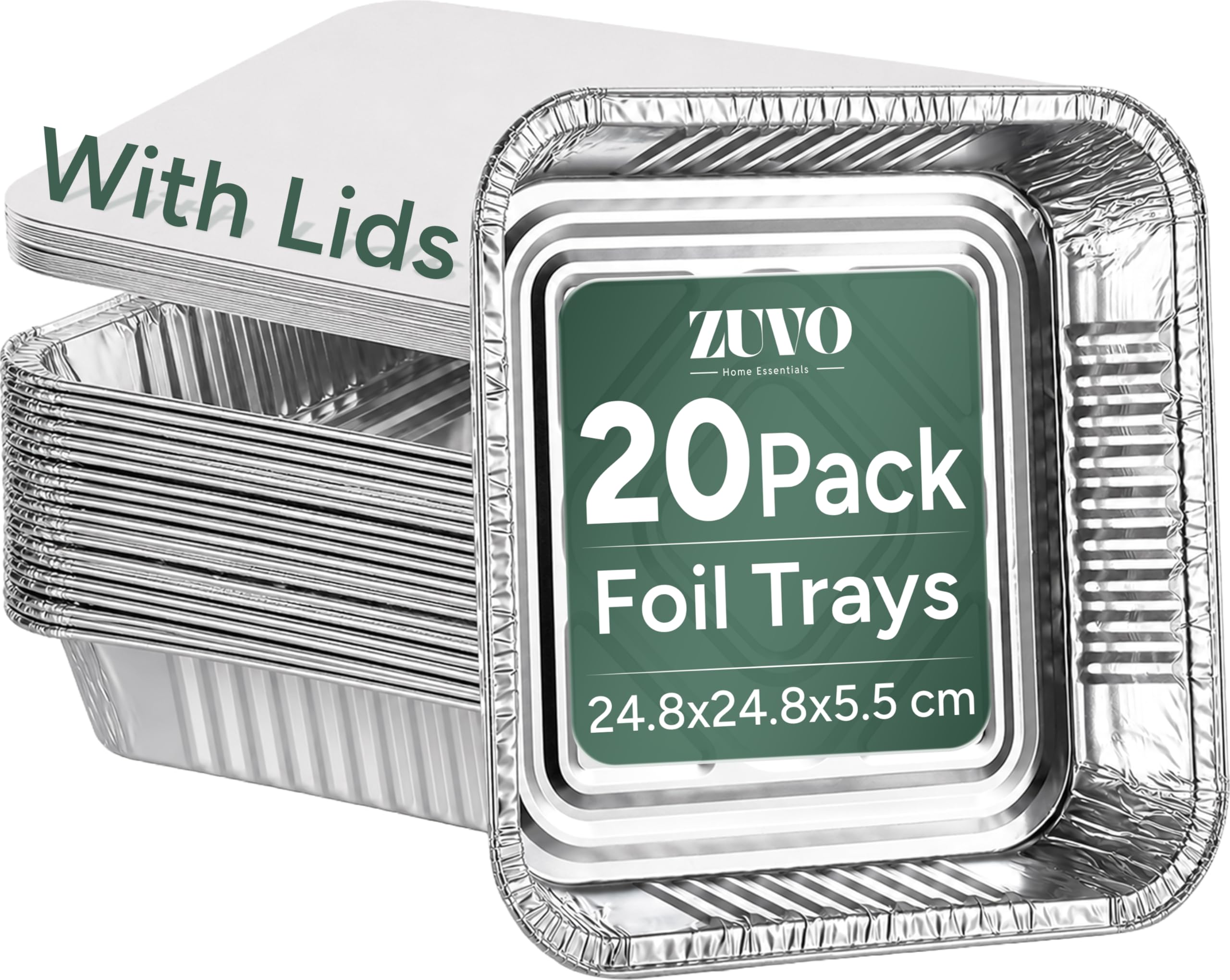 Zuvo 20 Pack Aluminium Foil Trays with Paper Lids (24.8x24.8x5.5 cm) – Deep Disposable Square Tin Foil Containers for Baking, Roasting, Meal Prep, Freezer & Takeaway | Heavy Duty, Oven Safe