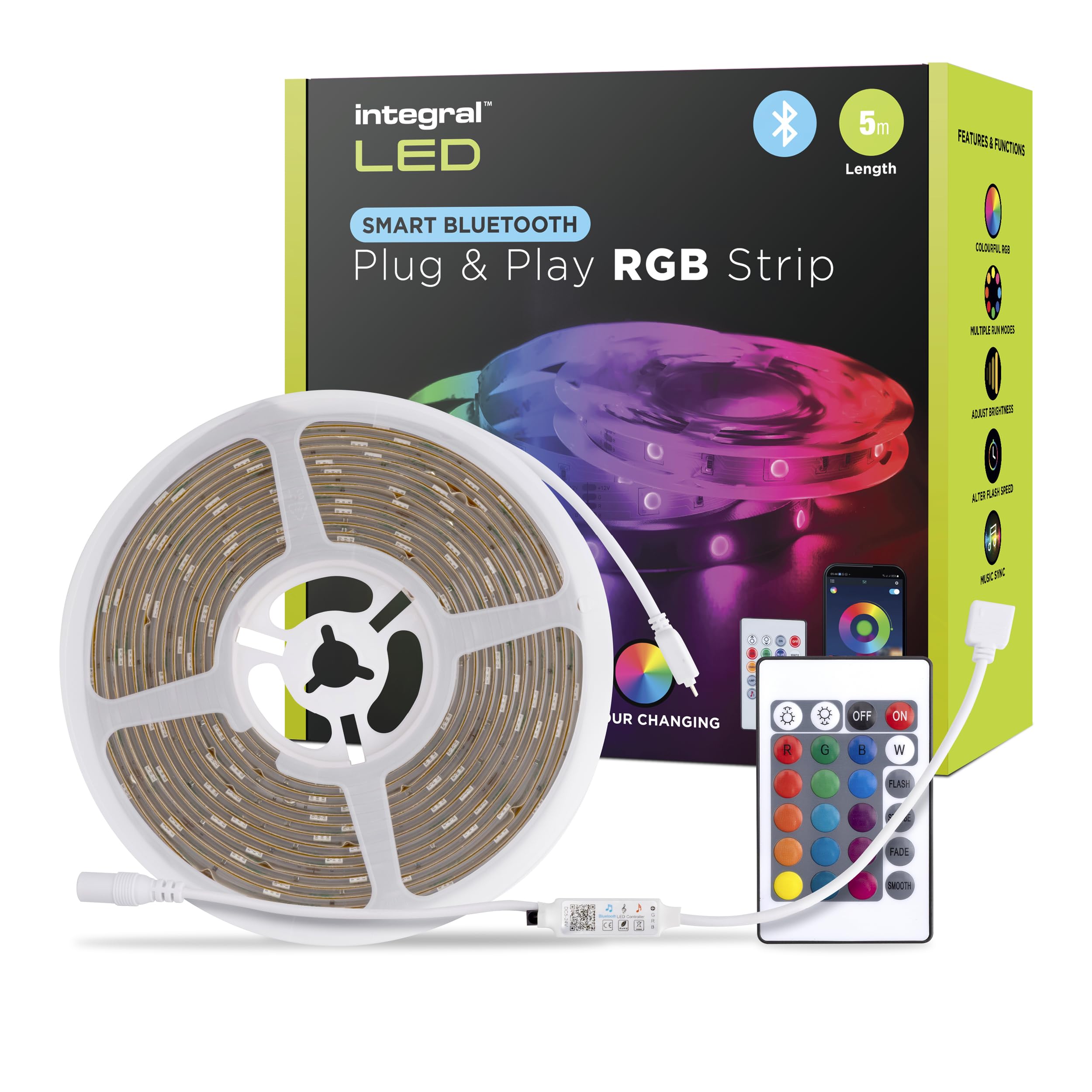 Integral 5M RGB LED Strip Light, Colour Changing, Dimmable, Music Sync, Bluetooth Smart App and Remote, Plug & Play with UK Plug: for Bedroom, Living Room, Office and More