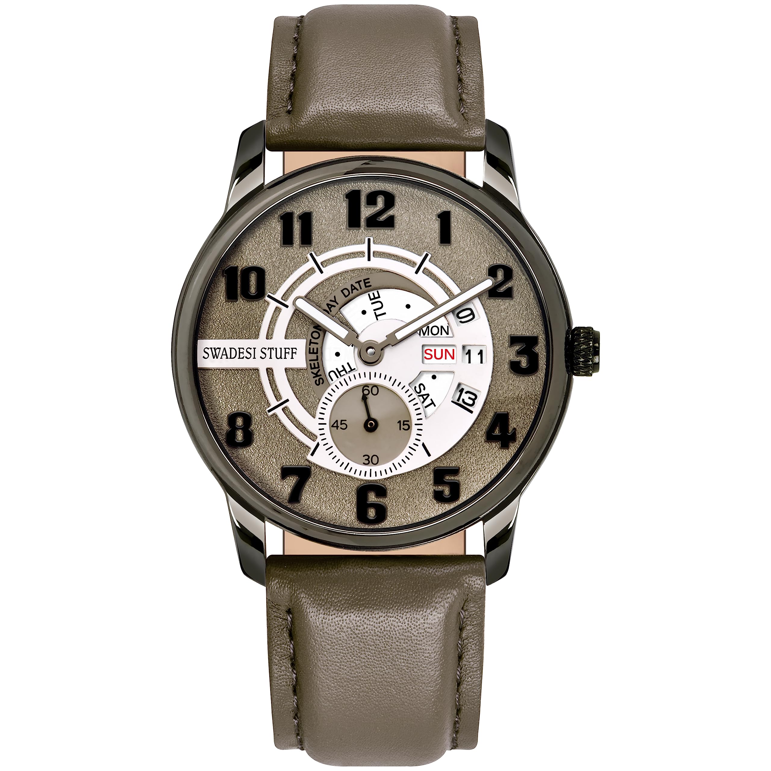SWADESI STUFF Relics Skeleton Day & Date Dial Premium & Luxurious Genuine Leather Grey Strap Analog Watch for Men (B0C7MKF8M1) Amazon Price History, Amazon Price Tracker