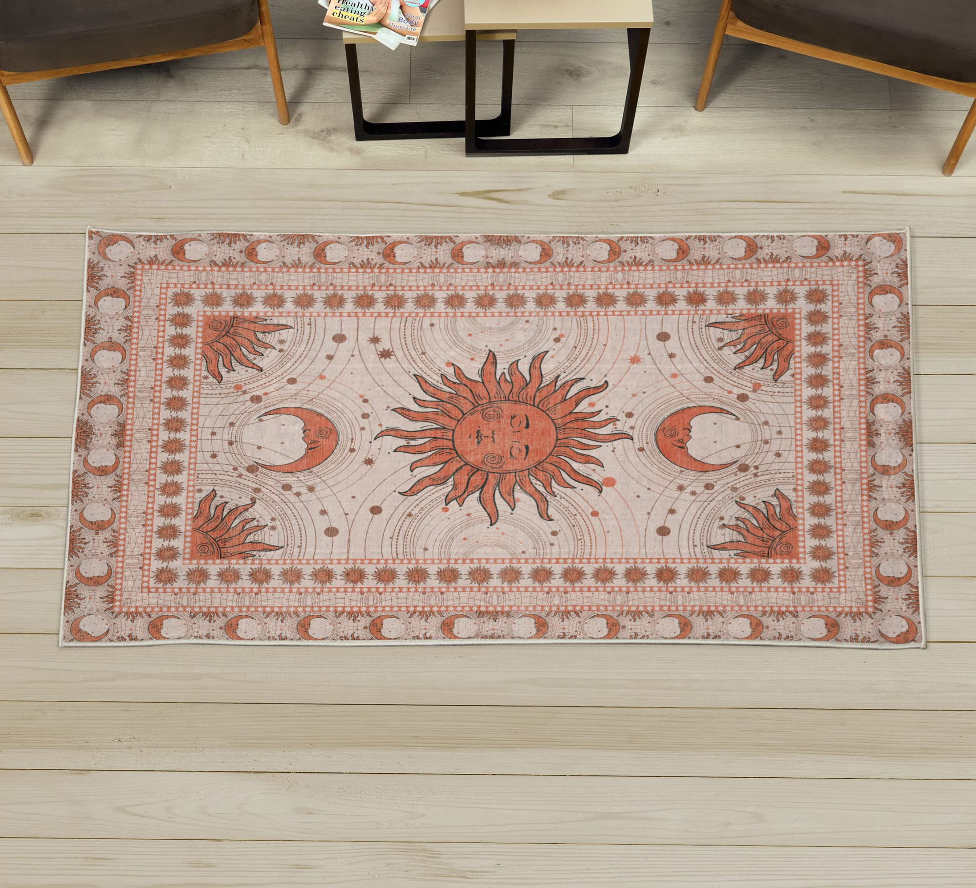 Ambesonne Sun and Moon Decorative Rug, Bohemian Artwork Design of Crescent Solar Ornament Esoteric Stars Ornaments, Quality Carpet for Bedroom Dorm and Living Room, 2' 2