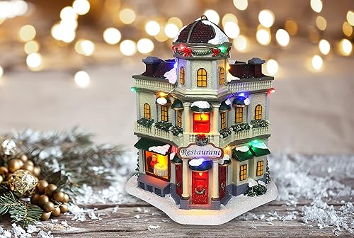 Miniatura 8 de Restaurante de pueblo de Navidad, edificio coleccionable iluminado musical de aldea de nieve, casas de pueblo navideño, complemento perfecto para