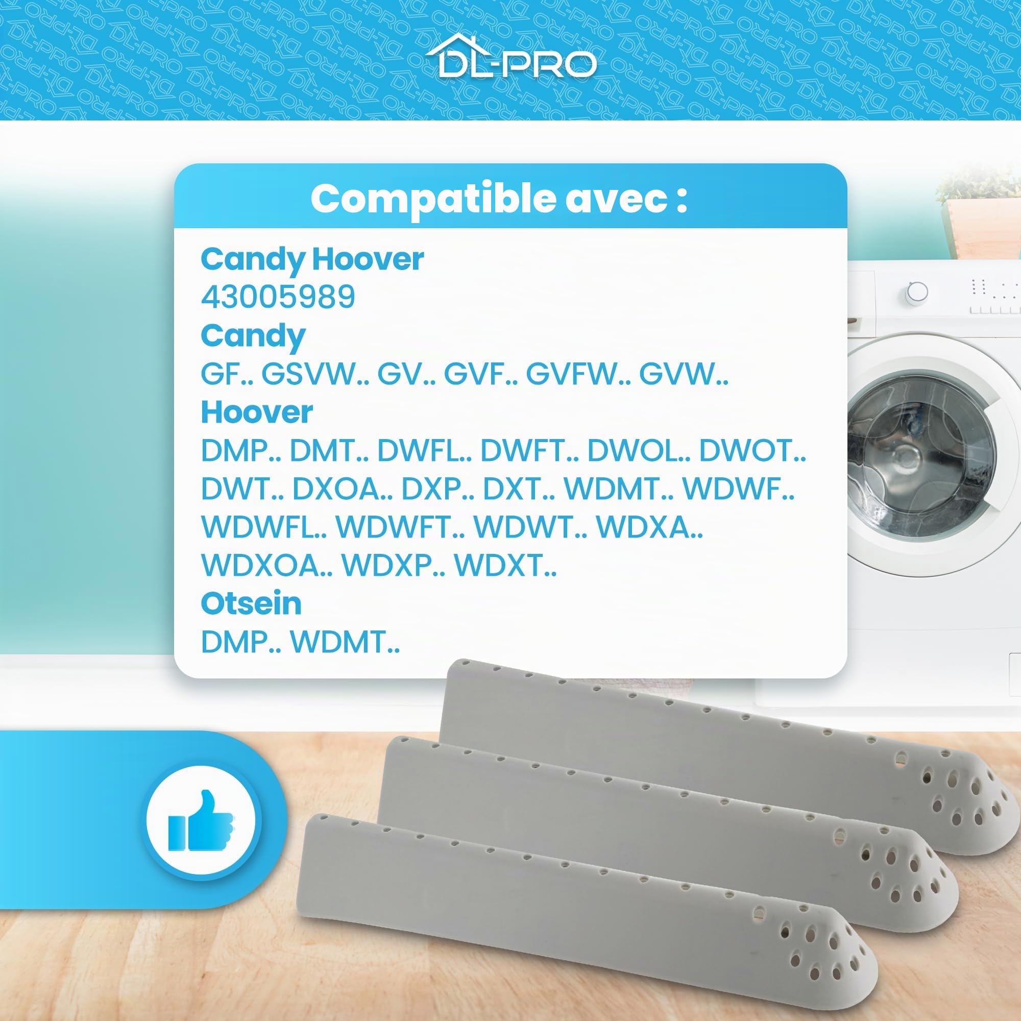 DL-pro Lot de 3 aubes de tambour 31x6,1x4,2cm pour Candy Hoover Otsein 43005989 Ensemble robuste d'aubes de tambour avec 31 trous Gris pour tambour de lave-linge