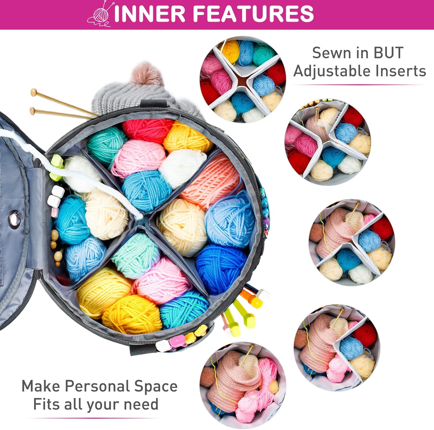 MYBAGZING Expandable Yarn Storage Organizer, Crochet Bag & Yarn Tote with Zipper Closure, Yarn Holder for Crocheting and Knitting for Yarn Skeins, Hooks, Needles,Accessories – Gift for Crafters