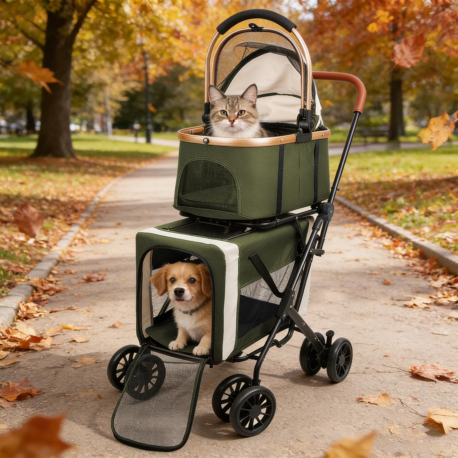 OHMG Poussette Double pour Chien, Pliable Poussette pour 2 Animaux Jusqu'à 16 kg, Transporteur pour Chats avec Coussins et Porte-gobelet, sac de Transport pour Cage pour Chien, 4 PCS Roues