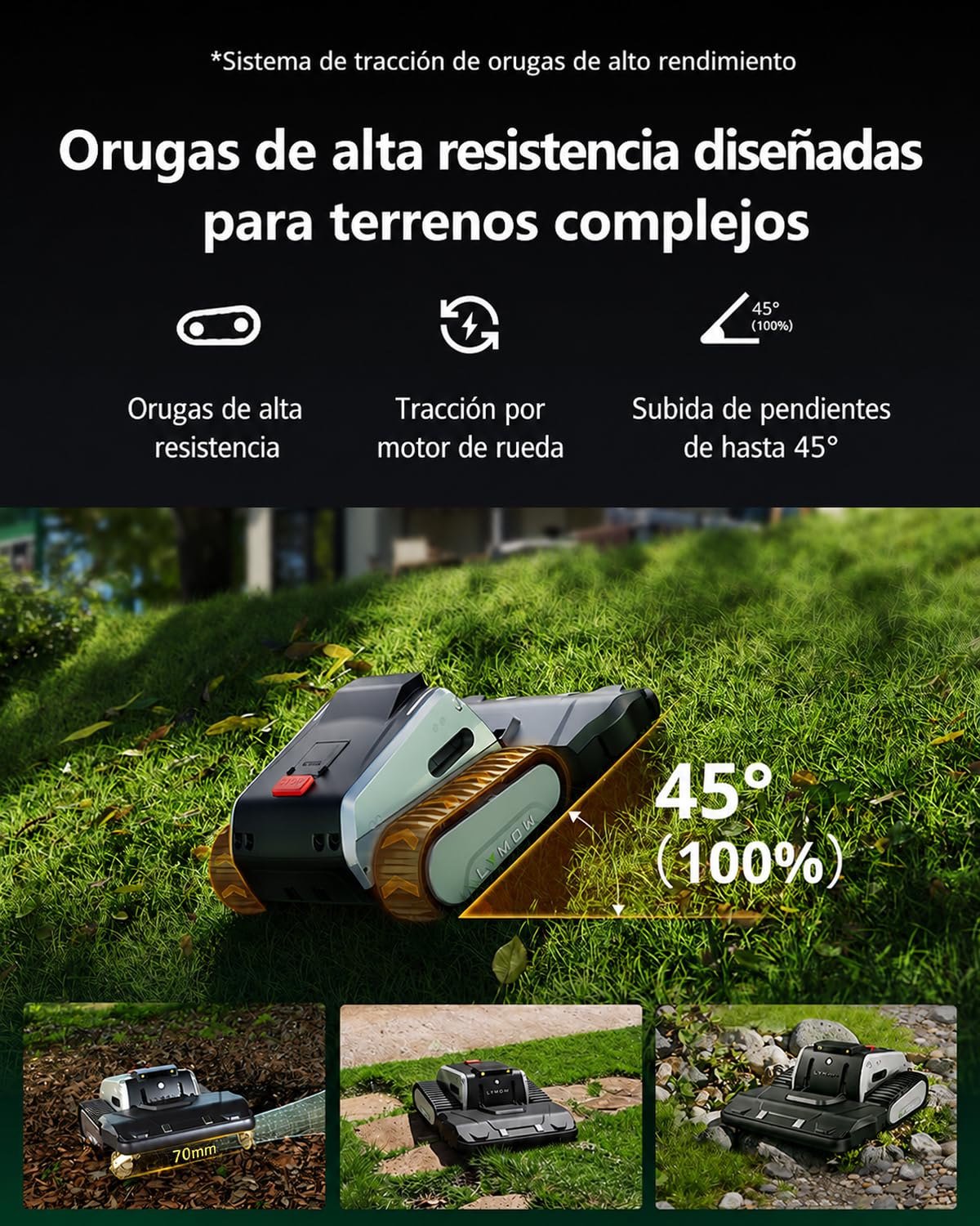 Lymow One Plus Robot Cortacesped sin Cable Perimetral, Evitación de Obstáculos con IA, Pendientes de 45°, Doble Cuchilla Rotativa SK5, Altura de Corte 30-100 mm, RTK+VSLAM, Gestión de 80 Zonas