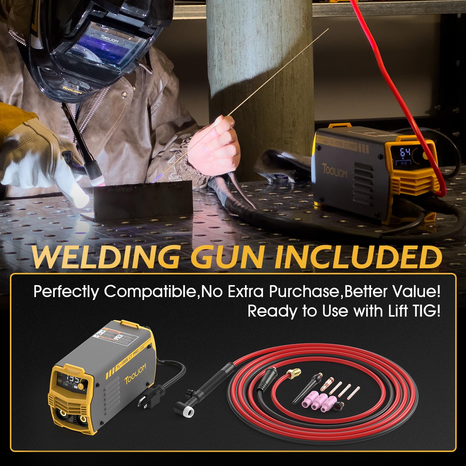 TOOLIOM 195A Stick/Lift TIG Welder with Lift TIG Torch 110V/220V Dual Voltage Welding Machine with Synergic Control Portable MMA Welder Machine with VRD, Hot Start and ARC Force