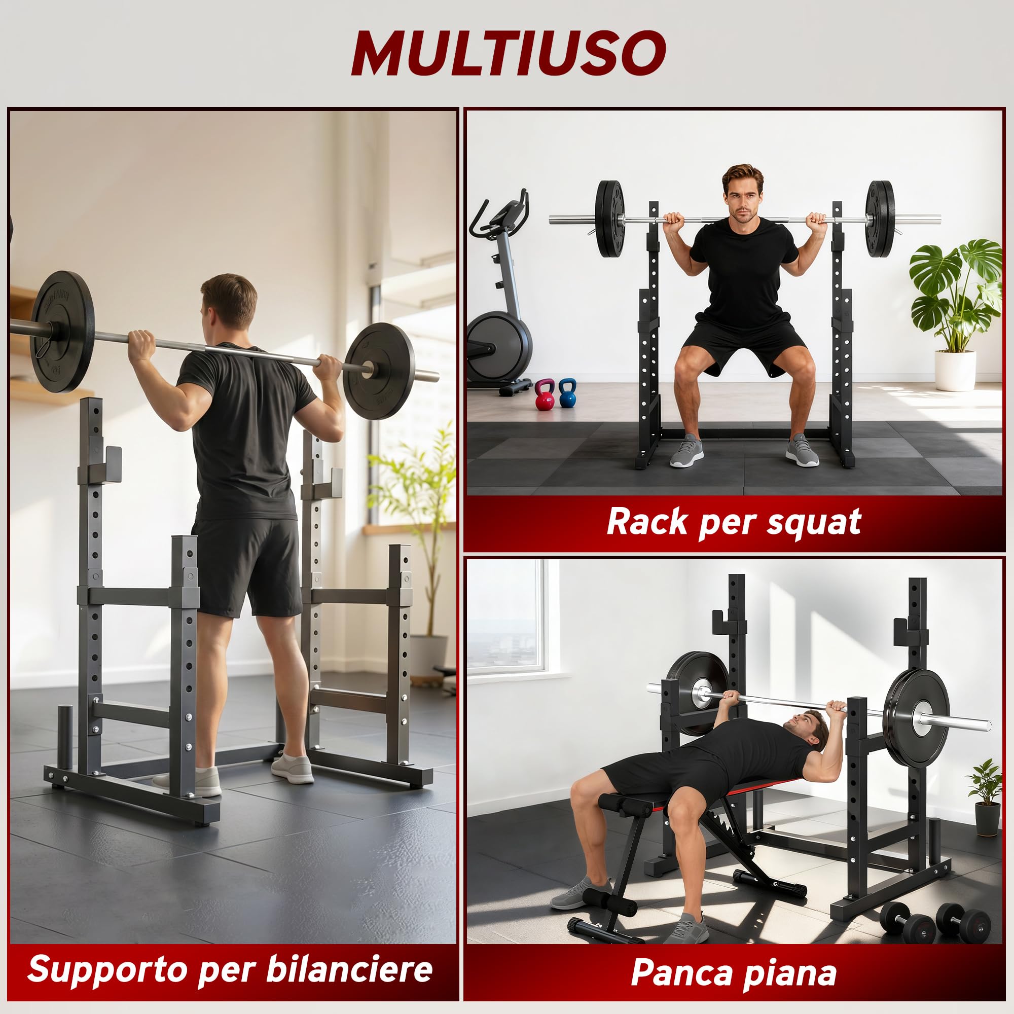 SPORTNOW Supporto Bilanciere Design a Doppio, Squat Rack Altezza Regolabile con Portadischi e Barre di Supporto, Rack Bilanciere Multifunzione per Palestra Casa Ufficio, Max 300 KG, Nero