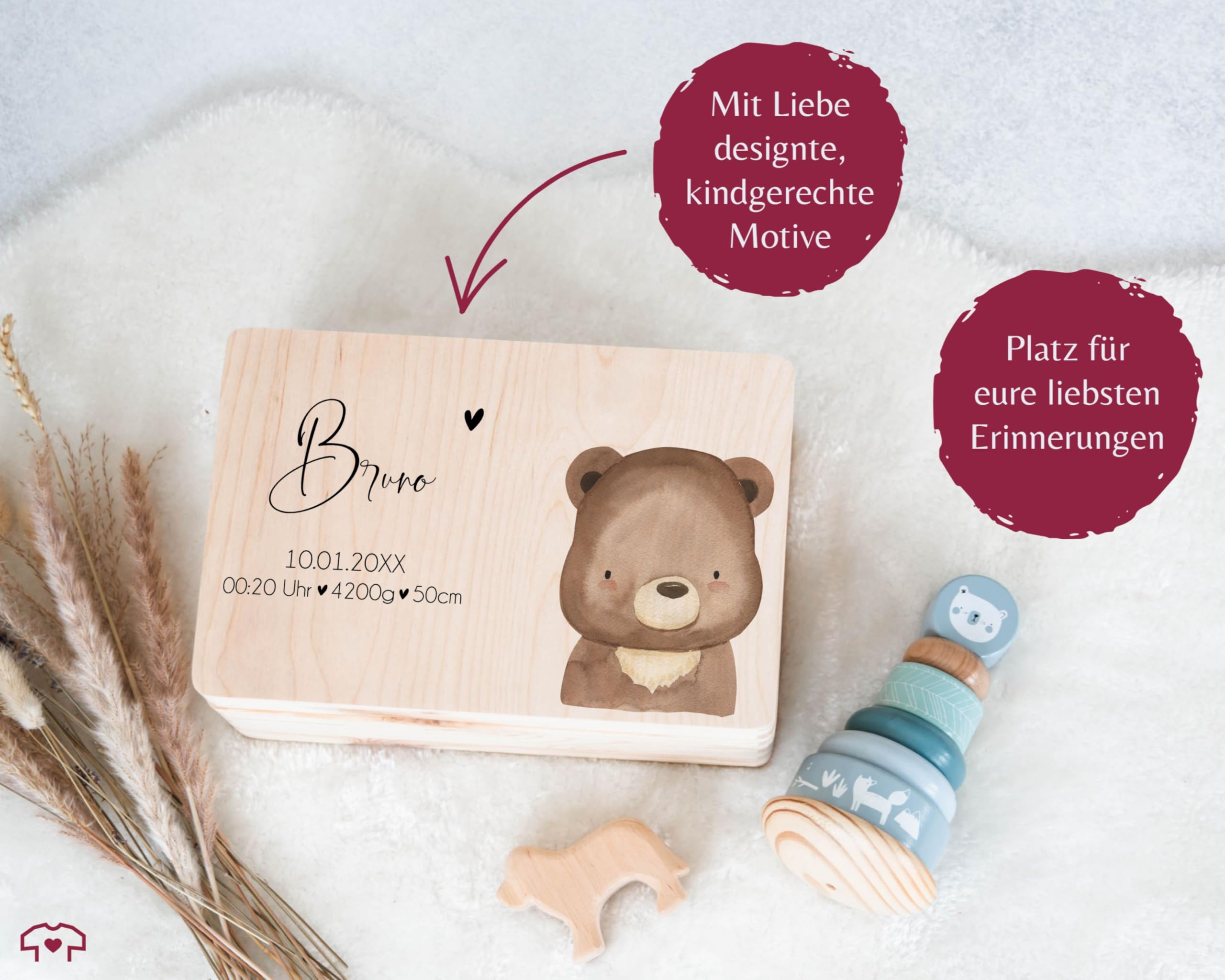Holz Erinnerungsbox Geschenkbox - Geschenk Geburt Süßer Bär personalisiert I Baby Junge Geschenk Geburt I Holzkiste Geschenk Geburt I Geschenk Baby zur Geburt - 30 x 20 x 14 - Holz - babybox name