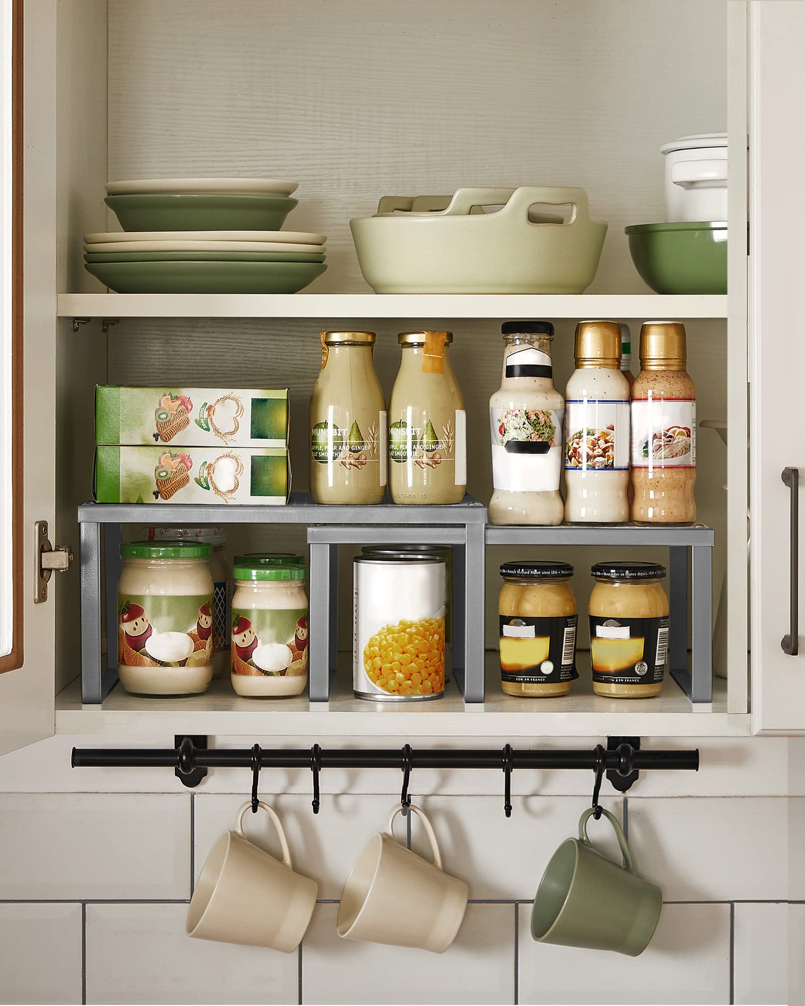 SONGMICS Set of 2 Cupboard Organisers, Kitchen Storage, Stackable, Expandable, Metal Counter Shelves, Silver KCS01SV - Image 3