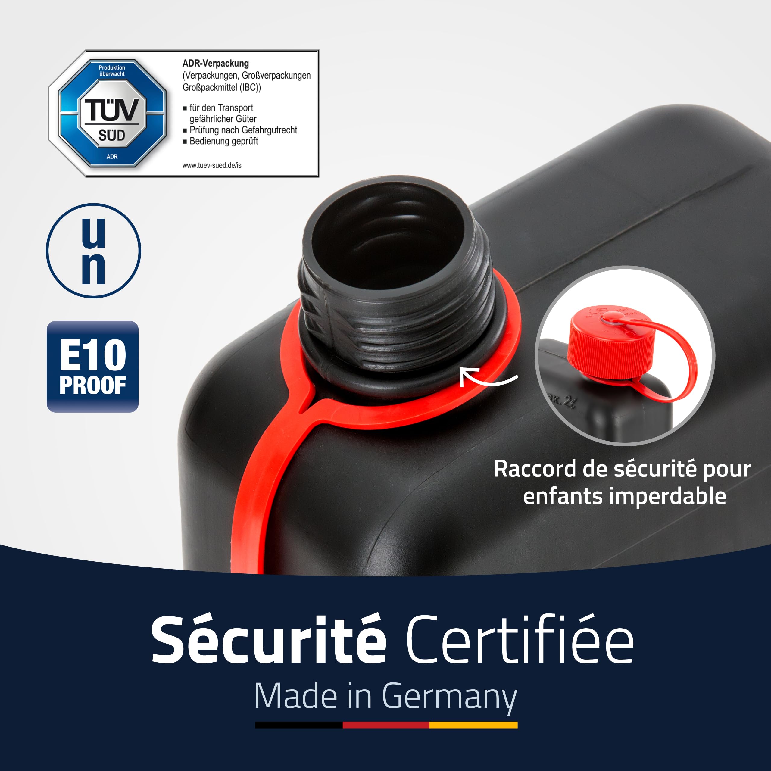 hünersdorff Bidon de carburant standard de 2 l pour petites voitures et véhicules hybrides, HD-PE, fabriqué en Allemagne, production certifiée TÜV, noir