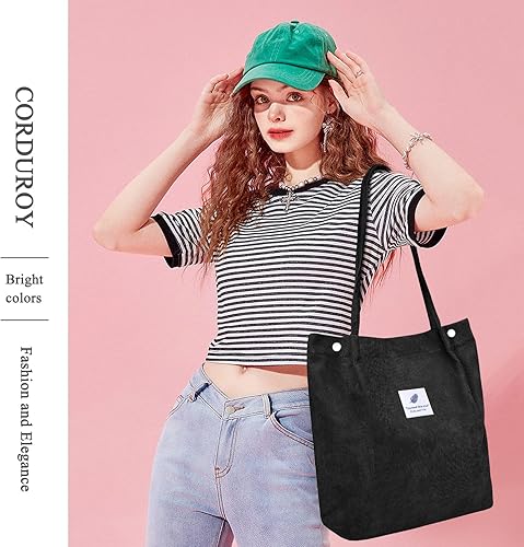 Vista 145 de Tote - Bolsa de hombro reutilizable de pana de gran capacidad con bolsillos interiores para mujeres y niñas Rayas