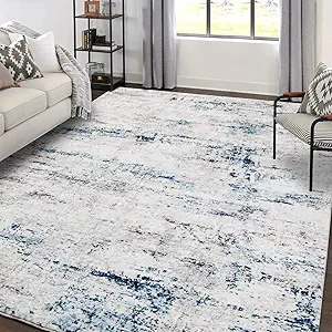 Area Rug Living Room Rugs: 9x12 Large Soft Indoor Carpet Modern Abstract Rug with Non Slip Rubber Backing for Under Dining Table Nursery Home Office Bedroom White Gray Blue