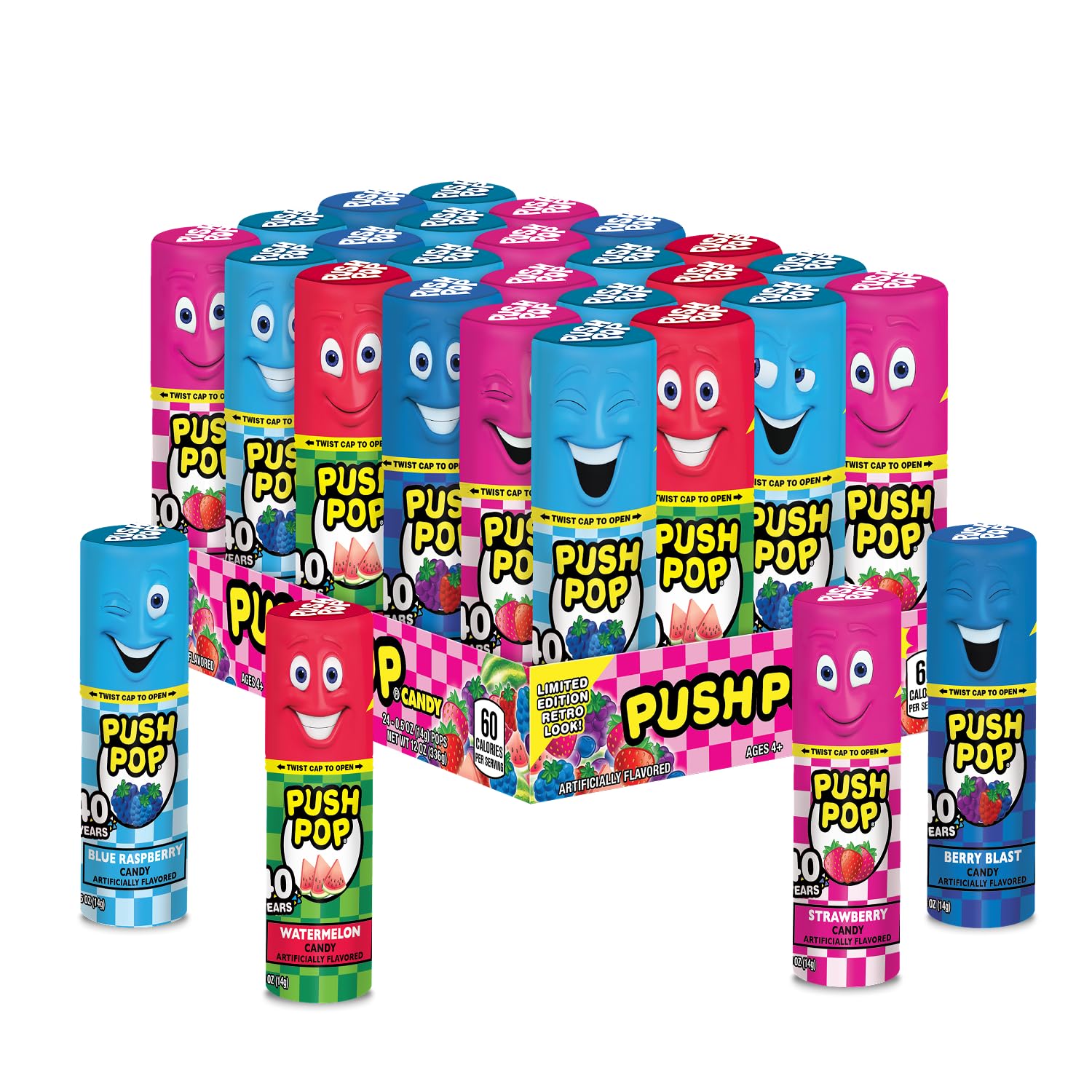 Push Pop Candy Lollipops - Individually Wrapped Variety Candy Party Pack - 24 Count Lollipops in Assorted Fruity Flavors - Fun Candy for Gifts, Celebrations, Party Favors, Gift Baskets, & Birthdays | Candy for Party Favors & Goodie Bags, 24 Count Push Pop Lollipops, Strawberry, Blue Raspberry, Berry Blast & Watermelon