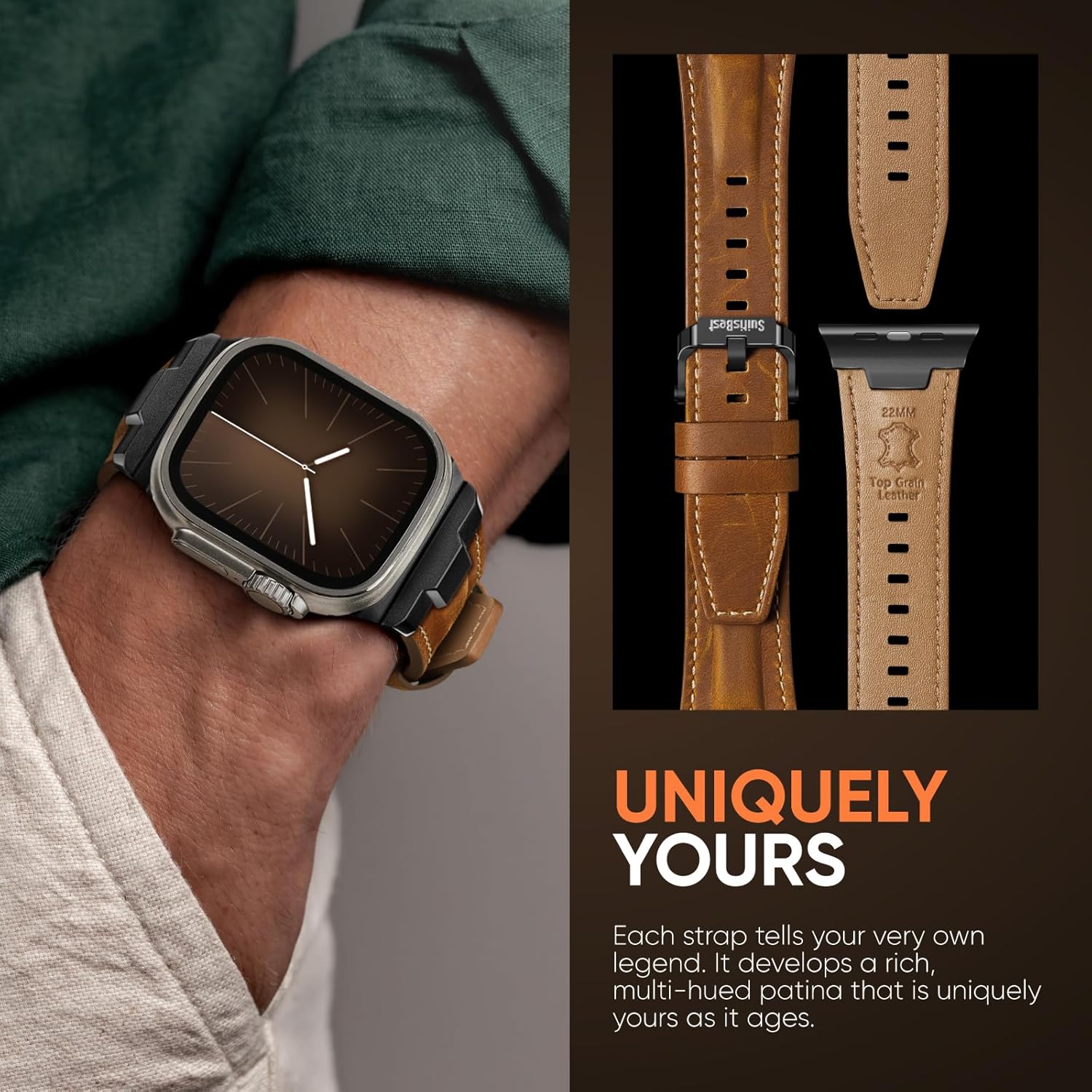 Suitisbest Leather Band Compatible for Apple Watch Ultra Band 49mm 46mm 45mm 44mm 42mm 41mm 40mm, Genuine Leather Replacement Strap for iWatch series 11 10 9 8 7 6 5 4 3 2 1, SE 3 2 1, Ultra 3 2 1