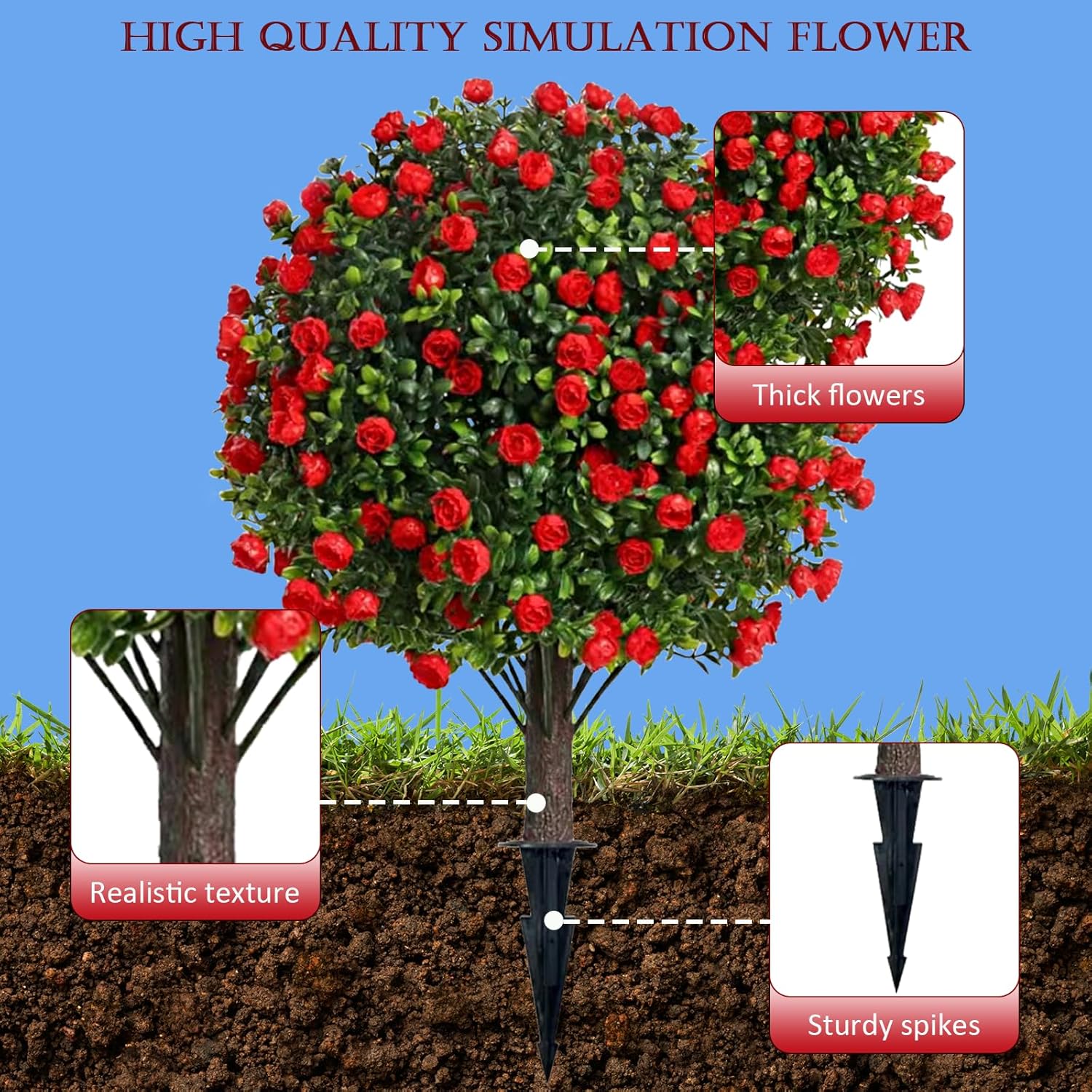 Set of 2 Artificial Rose Topiary Ball Trees with Ground Spike for Outdoor, 26 Inch Realistic Faux Greenery Shrubs with Rose, UV Resistant Fake Evergreen Bushes Plants for Garden Yard Porch Decor (Red)