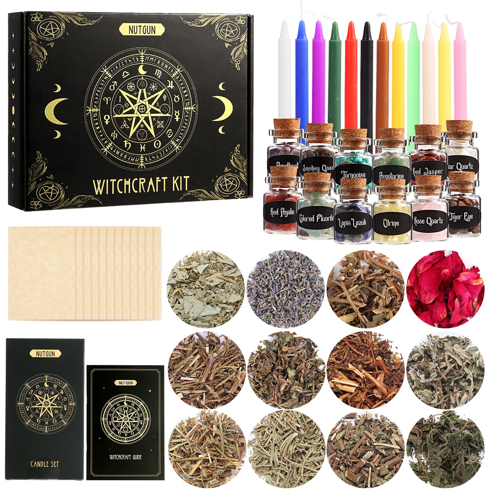 Nutgun Women's Basic Witchcraft Kit Witchcraft Supplies Kit 49 Pcs, Wiccan Supplies And Tools Including Witchcraft Herbs, Spell Candles, Crystals, Guidebook For Witchcraft, Witch Altar Spell Starter Kit, Witchy Gifts For