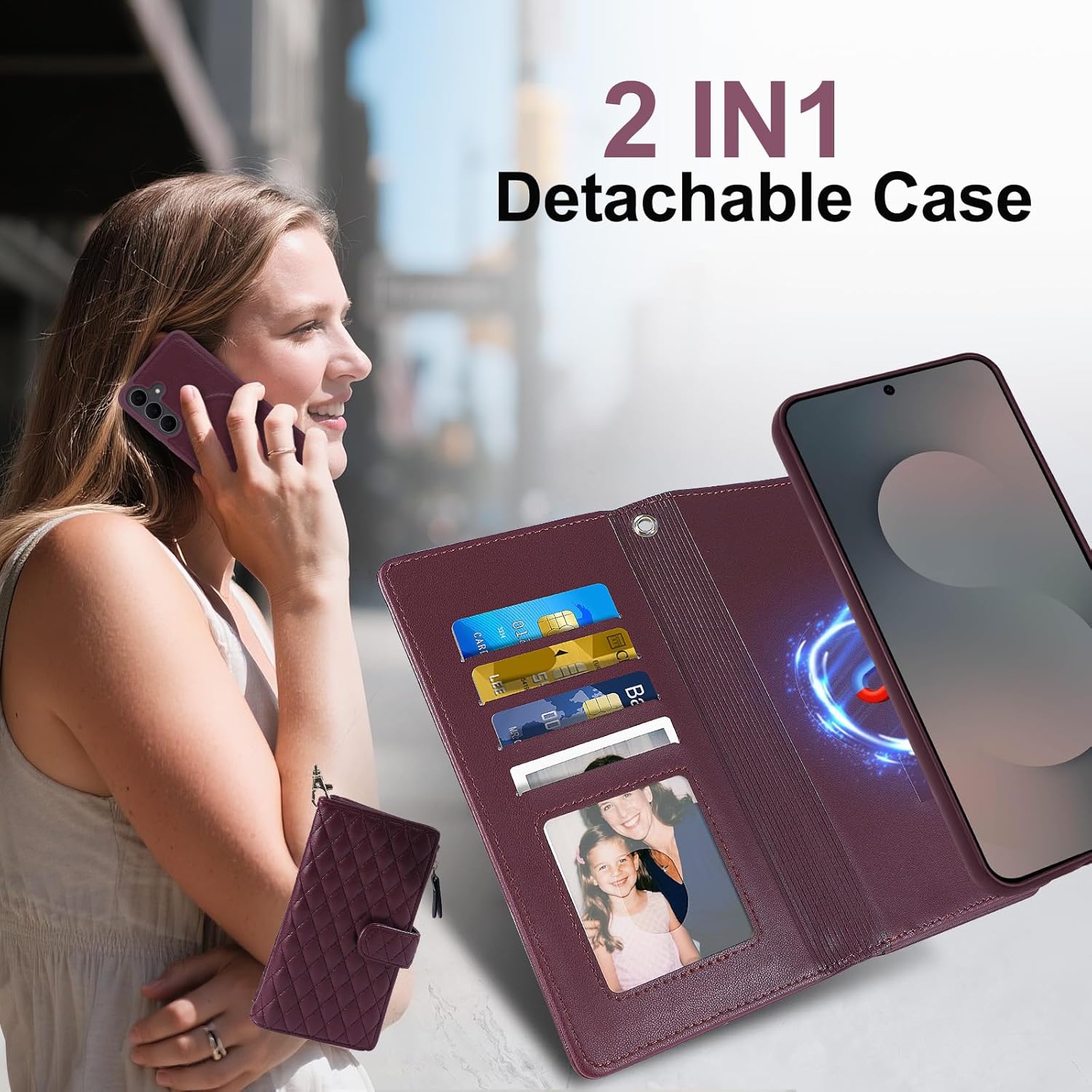 Harryshell Detachable Wallet Case for Samsung Galaxy S25 FE Compatible with Magsafe RFID Blocking Card Slots Removable Phone Cover Zipper Purse Kickstand Wrist Strap for Men Women Quilted Burgundy