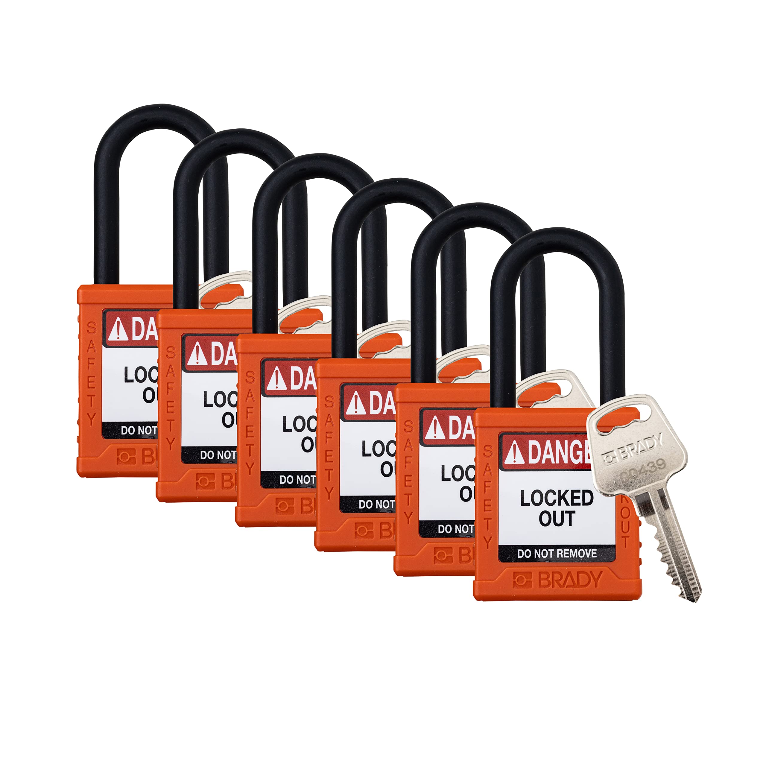Brady Juego de candados de bloqueo de seguridad, paquete de 6 unidades, color naranja, con llave, candado de bloqueo de seguridad, 1 llave por cerradura, SDPL-ORG-38PL-KA6