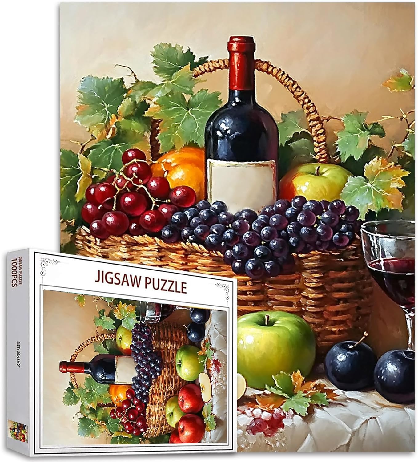 Red Wine Jigsaw Puzzles 1000 Piece for Adults, Families(Wine Bottle,Grape,Apple,Orange,Grape Leaves,Basket) Pieces Fit Together Perfectly 19.7''x27.6''inch Fruit Performance Frameable Magic Puzzle Art