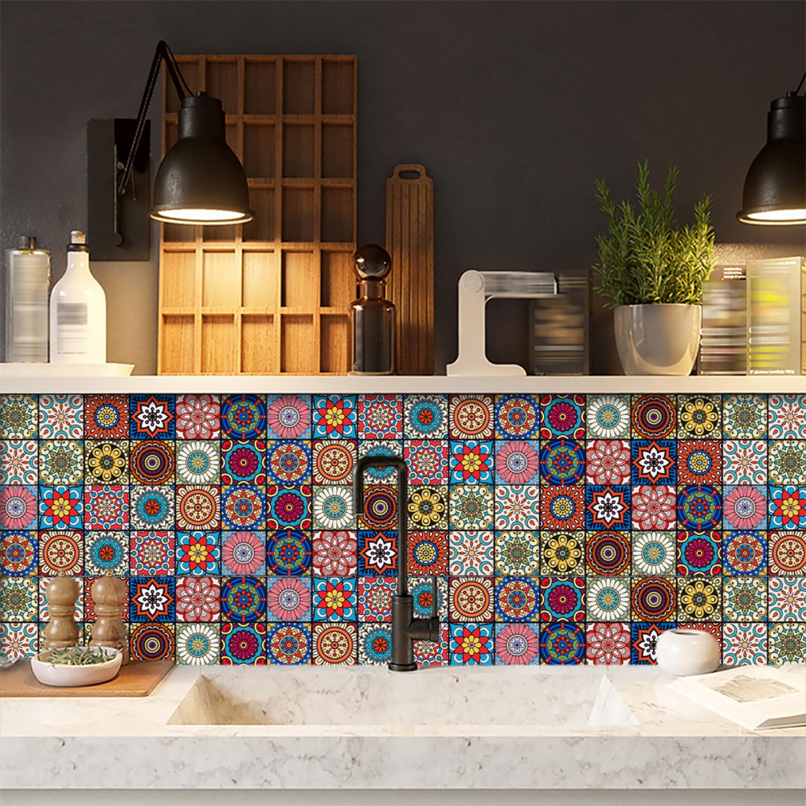 Tile Decals, Colored Peel and Stick Wall Stickers PVC Decorative for Kitchen Washroom Bedroom,Floor Tiles(20x240cmx2pcs)