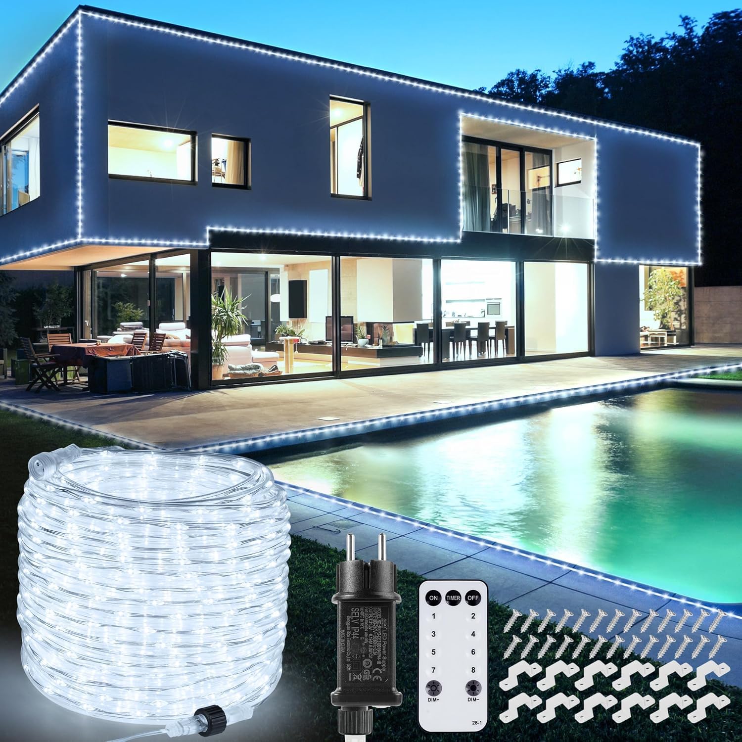 20 m 800 LED manguera exterior (diámetro: 5,5 mm), cadena de luz exterior conectable, luz blanca fría LED manguera de luz con mando a distancia, 8 modos de luz, funciona con corriente para jardín