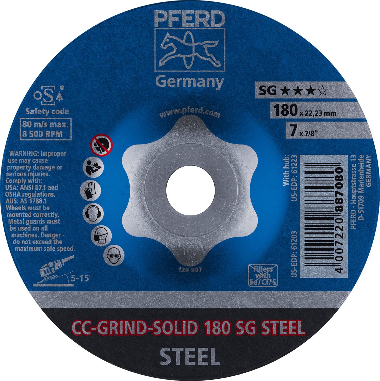 PFERD 61203 7" CC-GRIND-SOLID 7/8" A.H. - SG for STEEL (10 Pack)