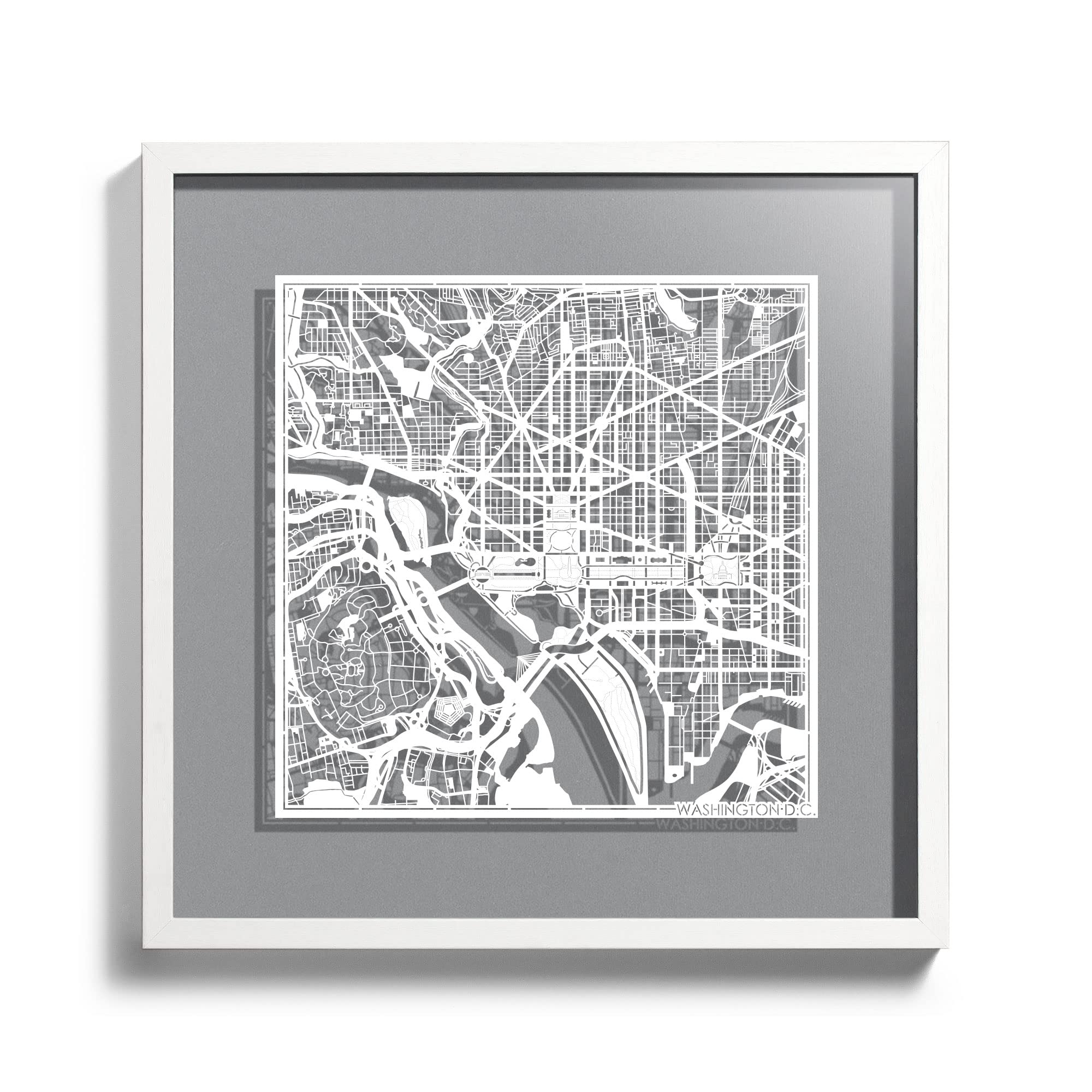 Washington D.C.s Cut Map framed by O3 Design Studio, White map, White frame, 18x18 inches, paper cutting art work, Gift Boxed, 4 background color, self-changing, Wall Art