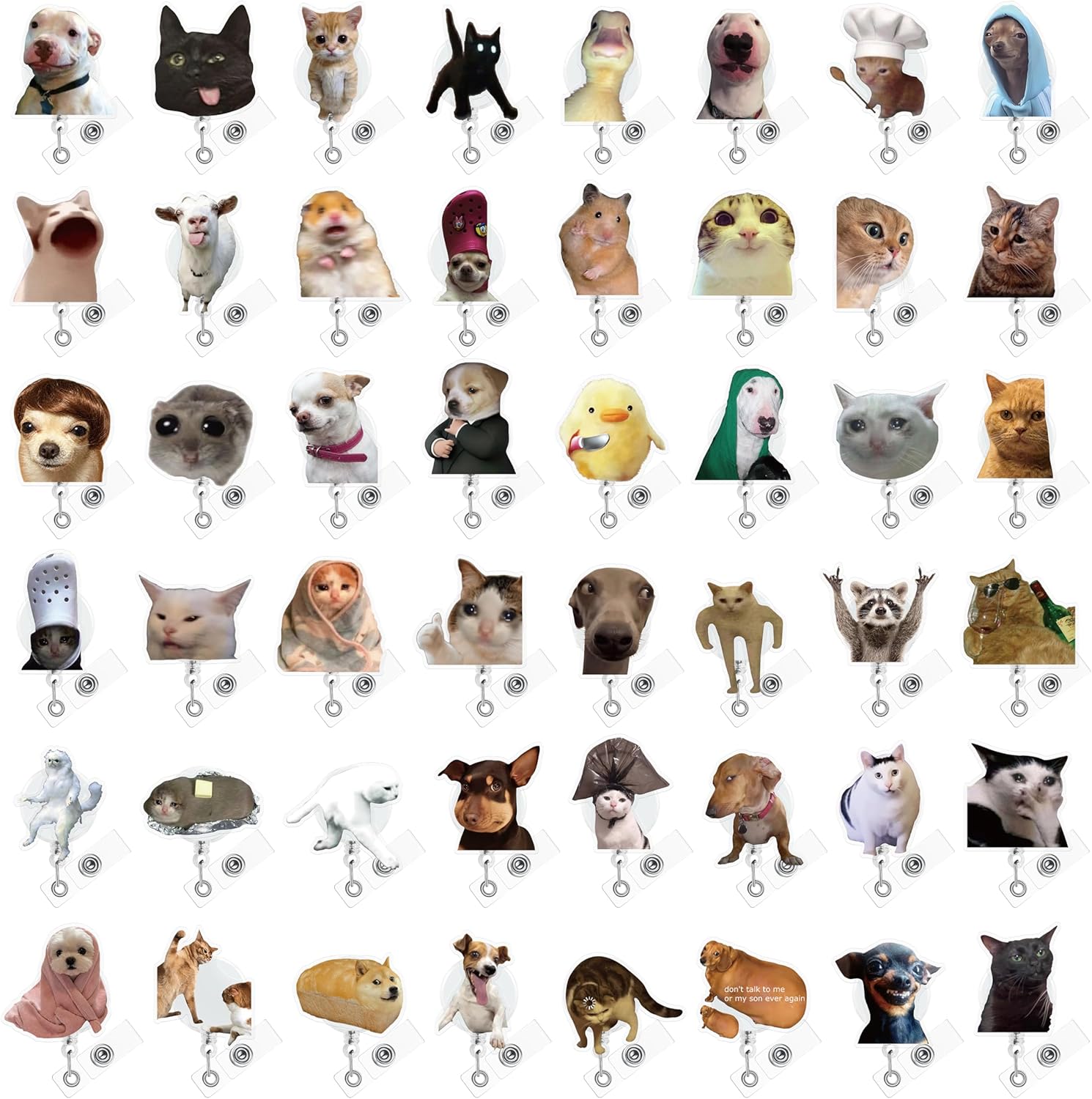 Eartim Funny Dog Cat Meme Badge Reel - 48Pcs Realistic Cute Meme Dog Cat Acrylic Retractable ID Badge with Metal Clip Name Tags Holder Nurse Teacher Pet Lover Student Birthday Gift Party Favor Supply