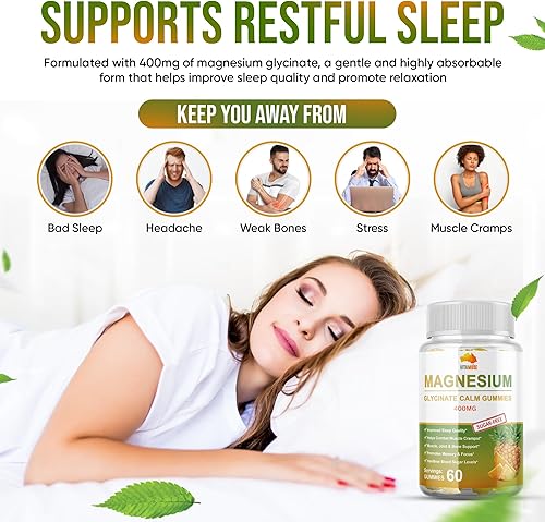 Miniatura 2 de Vitamuse Gomitas calmantes de glicinato de magnesio 400 mg  Apoyo para dormir, alivio de calambres musculares, memoria y enfoque, azúcar en sangre