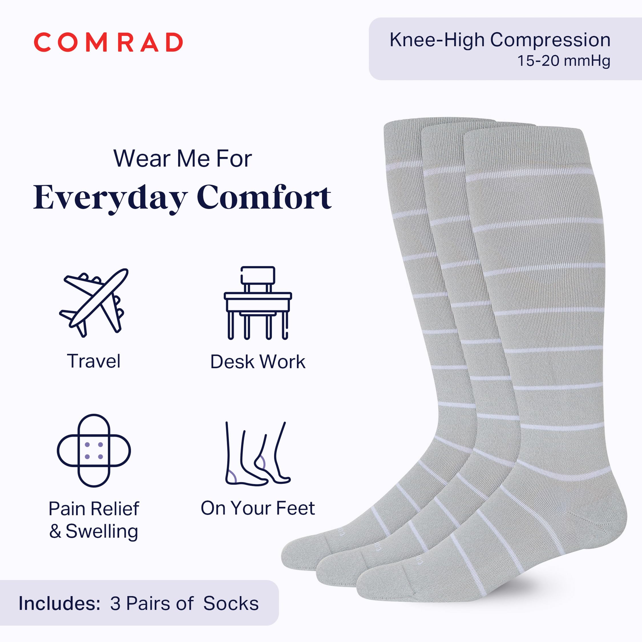Comrad Recycled Cotton Knee High Socks - 15-20mmHg Graduated Compression Socks - Soft & Breathable Support Socks, Unisex: Regular Small Black Confetti - 3 Pack