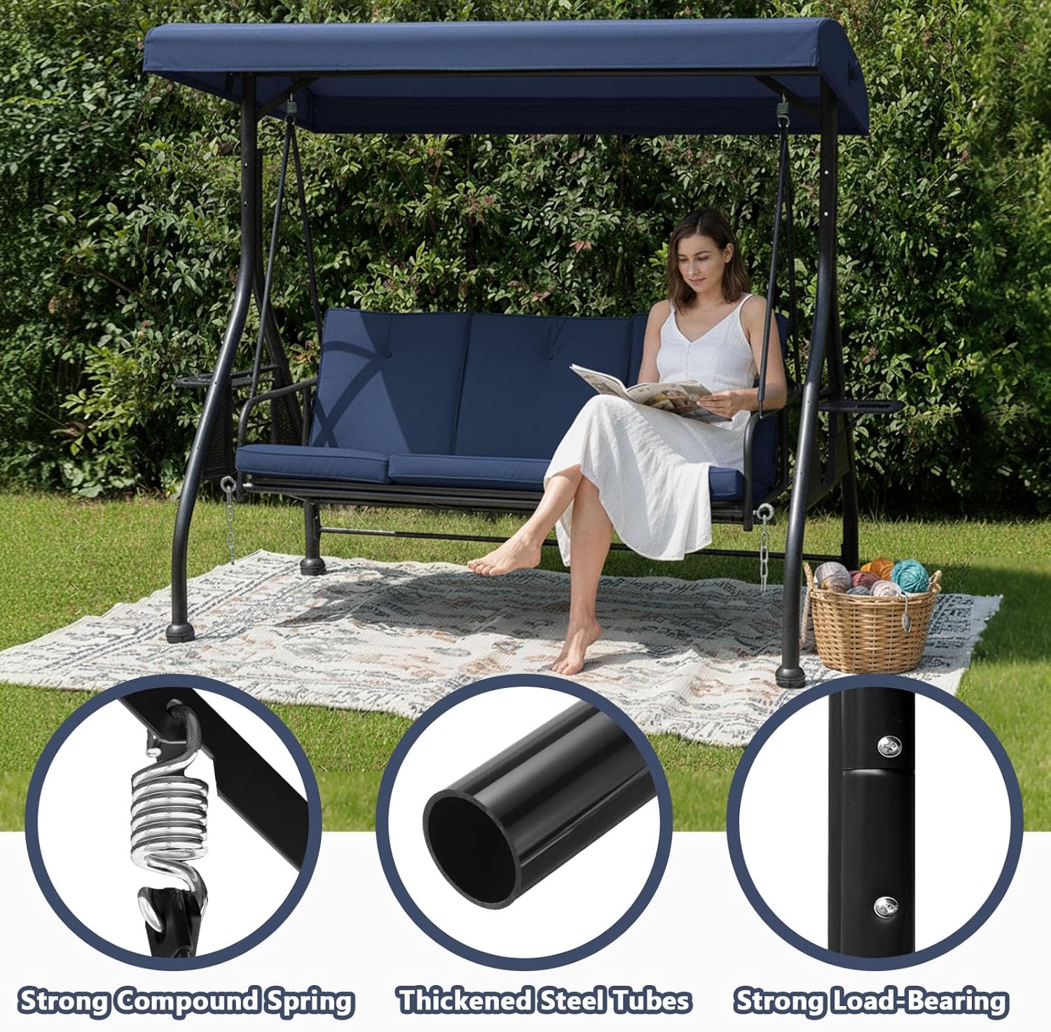 3-Seat Outdoor Porch Swing Glider with Adjustable Canopy, Convertible Patio Swings Bed with Upgraded Folding Cup Holders & Thicker Cushion for Backyard, Garden, Poolside - Blue