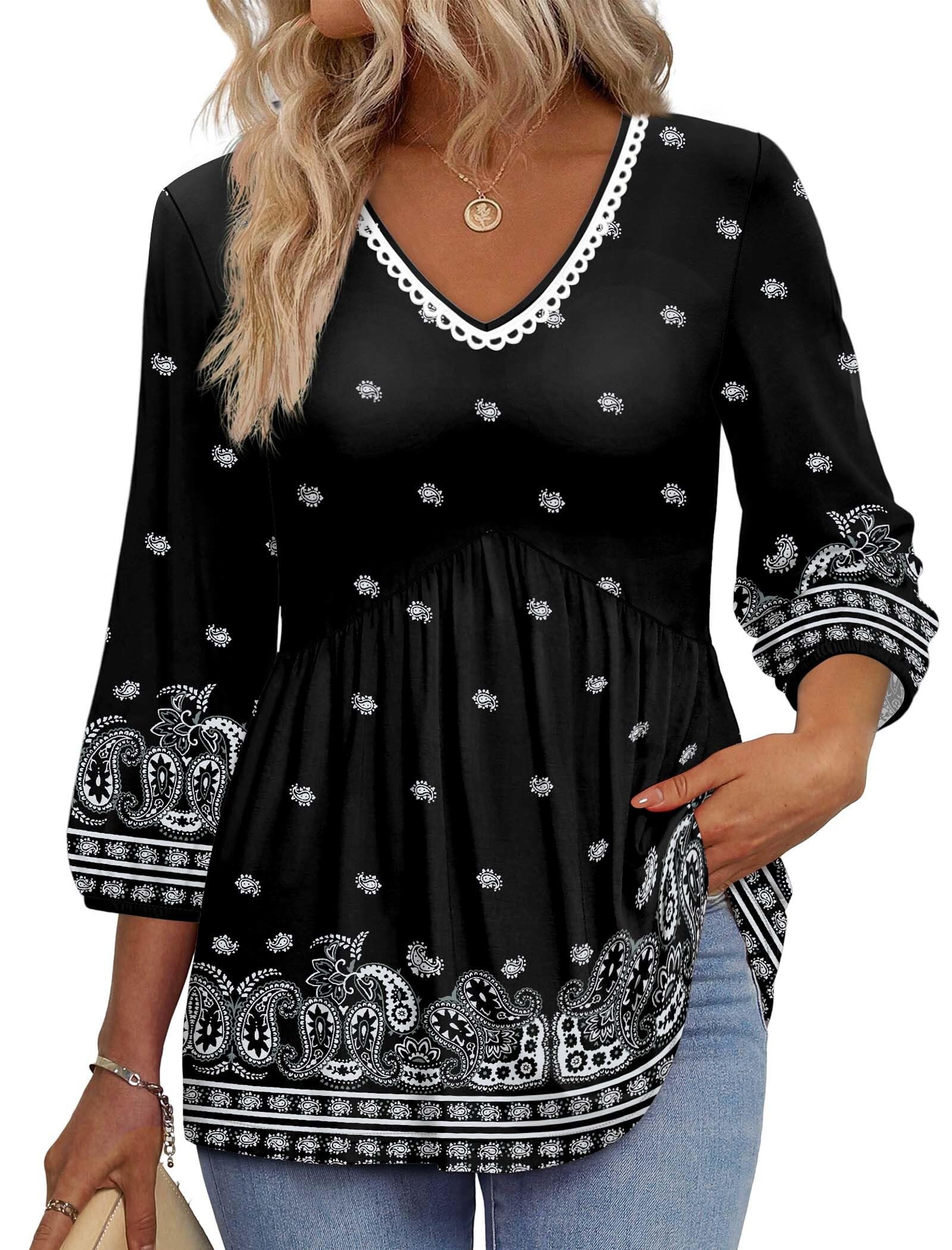 OFEEFAN 3/4 Length Sleeve Womens Tops 2026 Blouses for Women Dressy Casual Fashion Clothing V Neck Babydoll Tops Fall Outfits