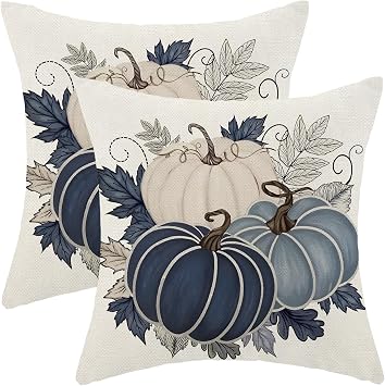 Fall Pillow Covers 18x18 Inch, Blue Pumpkin Leaves,Set of 2