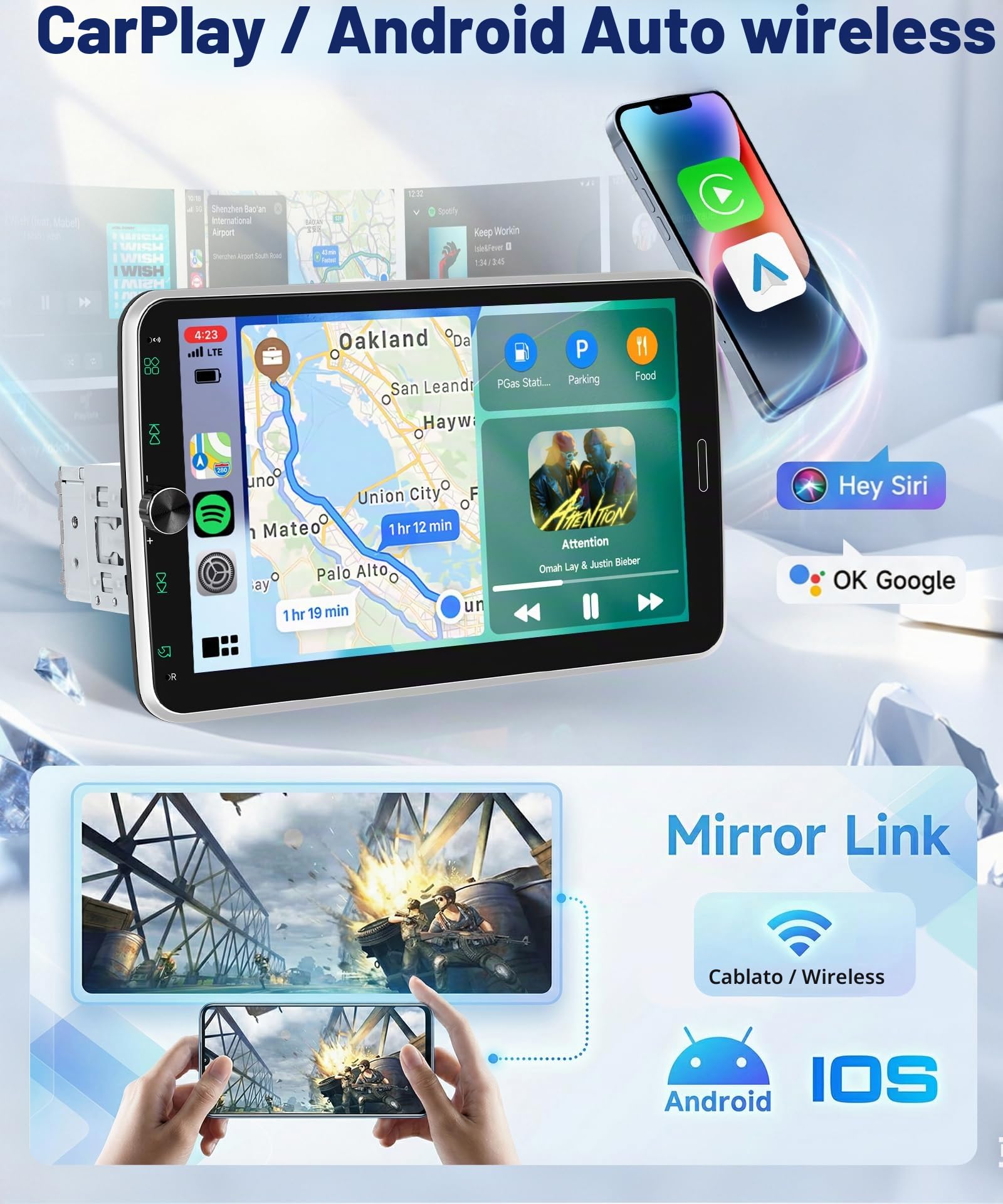 Hodozzy 1 Din RDS Stereo Auto con Schermo Rimovibile e Girevole IPS da 10,1" con USB Tipo C, Wireless CarPlay e Android Auto Autoradio con Bluetooth 5.2/EQ/SWC + Telecamera Posteriore