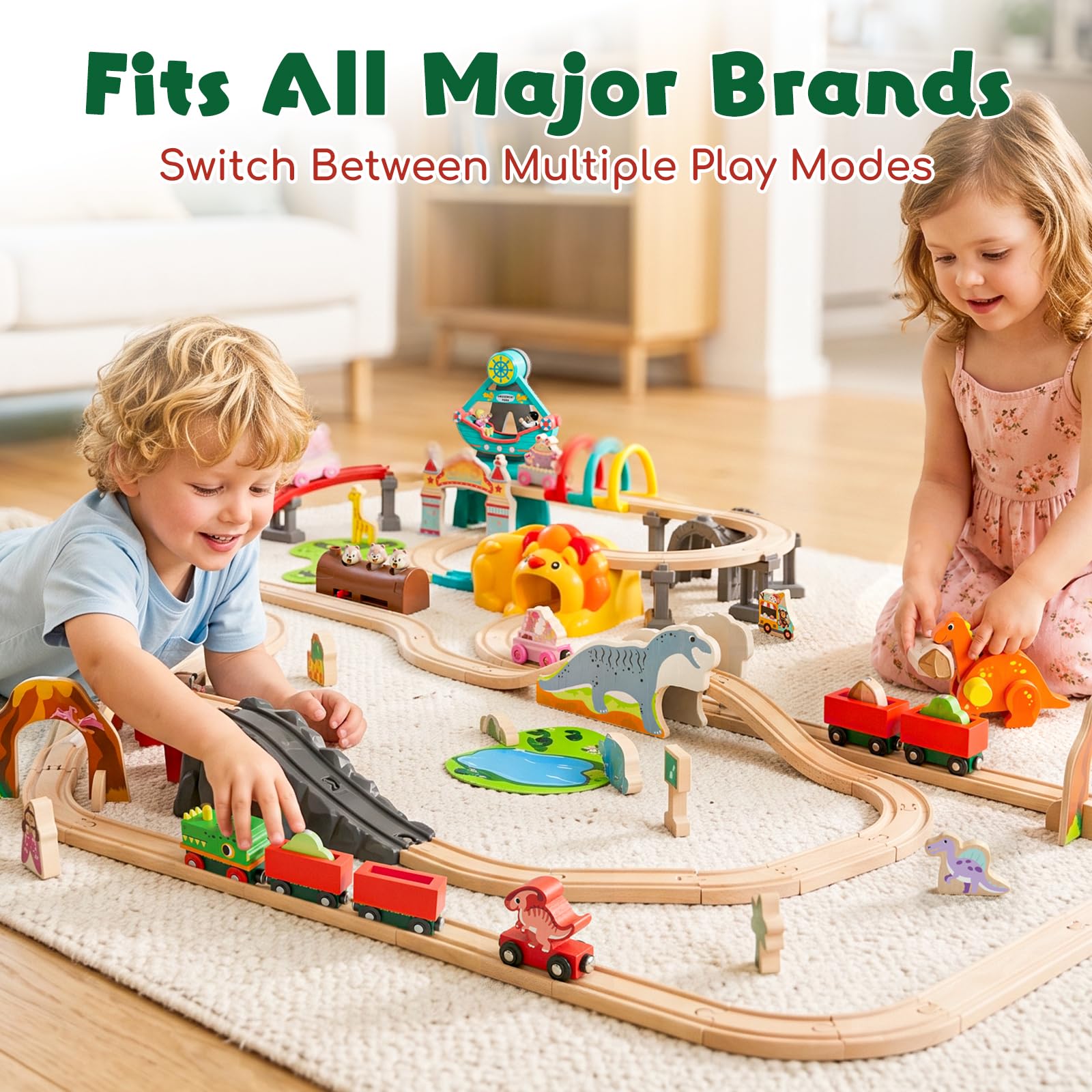 Lehoo Castle Tren Madera, Juguete de Dinosaurios para Niños, Juguete de Tren Compatible con Thomas, Brio y Hape, Regalo para Niños y Niña