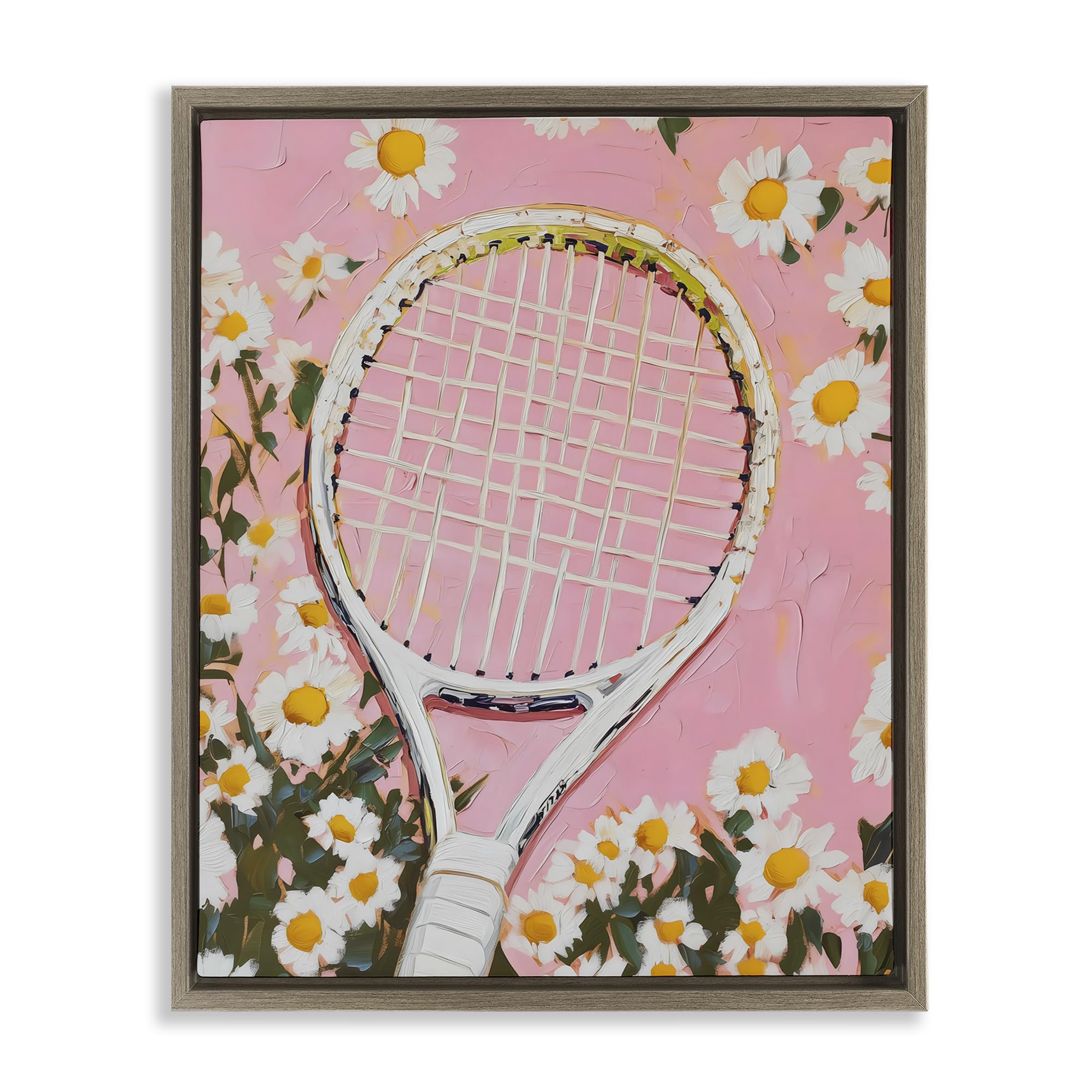 Stupell Industries Montalcino Elm (Textured) 'Pink Tennis Racket & Daisies', Floating Frame Canvas Art, Brown, 25 X 31 Inches, Easy To Hang And Sturdy, Made In Usa, By Lsr Design Studio