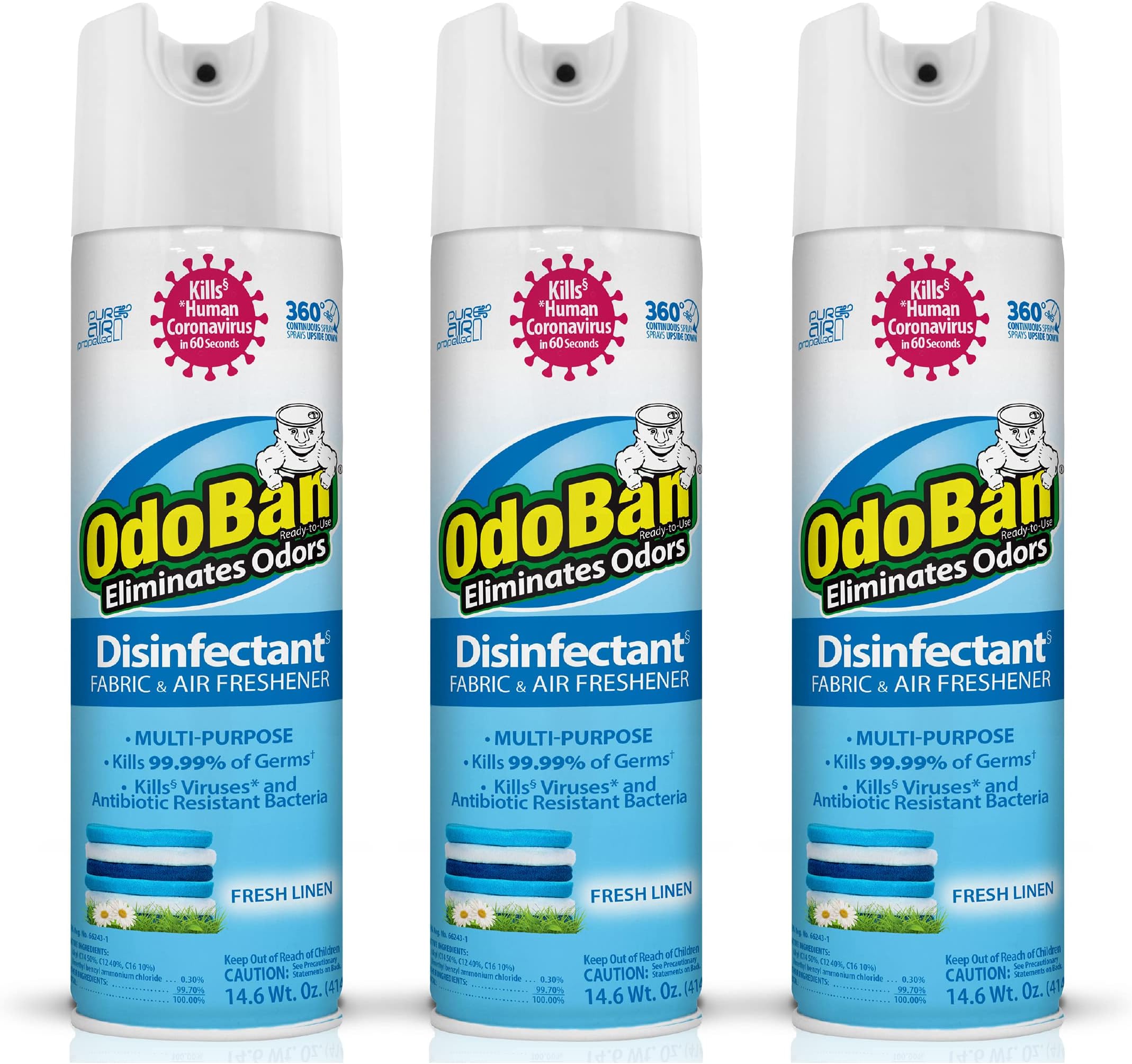 Ready-to-Use 360-Degree Continuous Spray Disinfectant and Harsh Aroma Eliminator, Fabric and Air Freshener, 3 Pack, 14.6 Ounces Each, Fresh Linen Scent