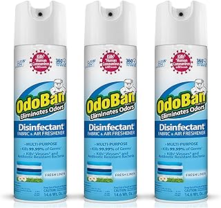 OdoBan Ready-to-Use 360-Degree Continuous Spray Disinfectant and Harsh Aroma Eliminator, Fabric and Air Freshener, 3 Pack, 14.6 Ounces Each, Fresh Linen Scent