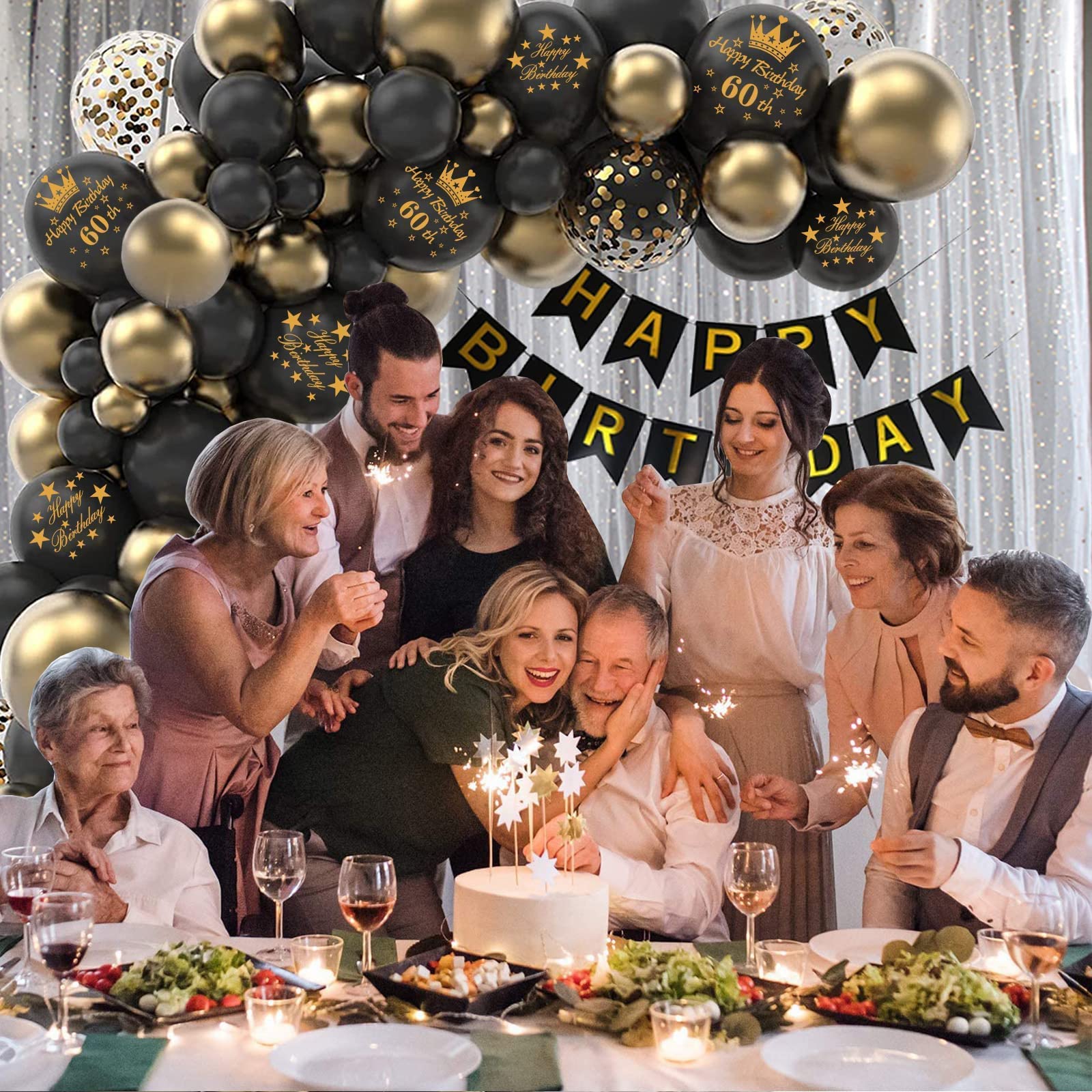 Geburtstags-Wimpelkette – 2,7 M, Glitzernd Schwarz, Für 16. Geburtstag