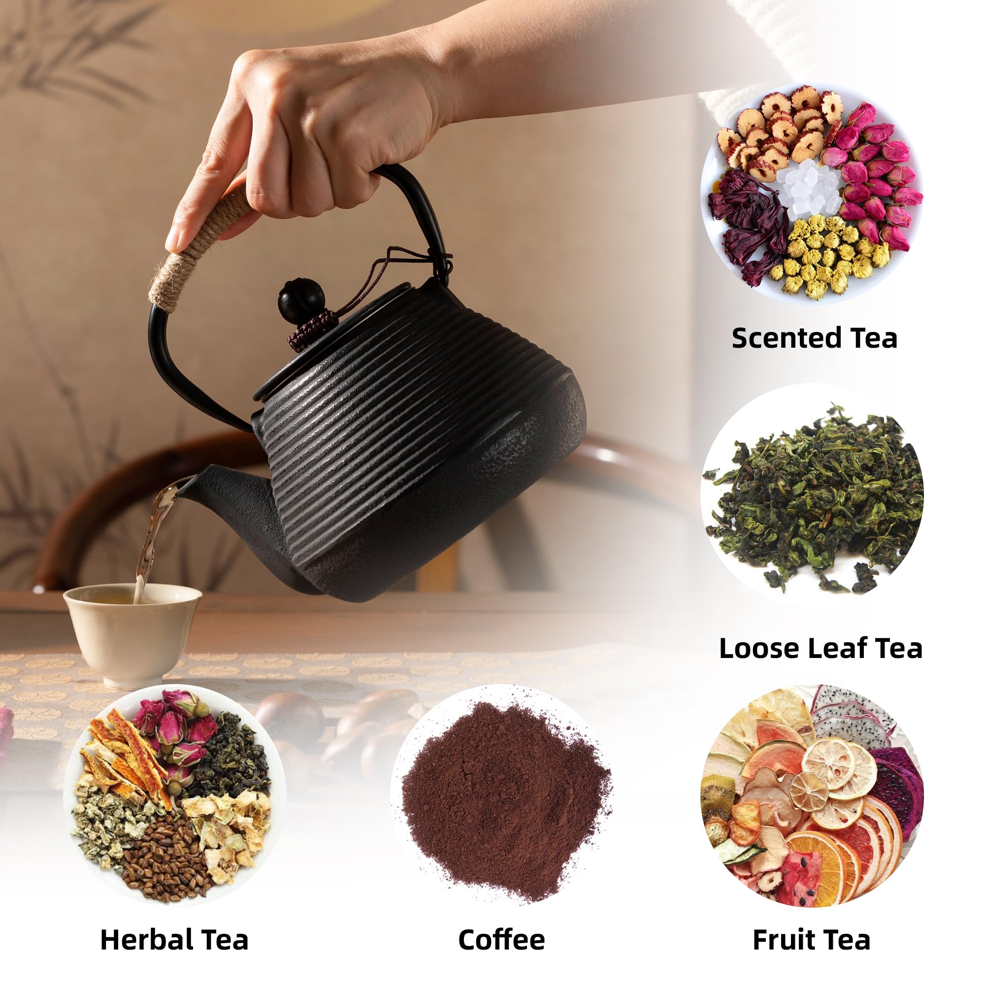 Théière en fonte - Passe sur la cuisinière - Avec infuseur pour feuilles mobiles - Théière japonaise revêtue d'un intérieur émaillé - 1 000 ml - Noir