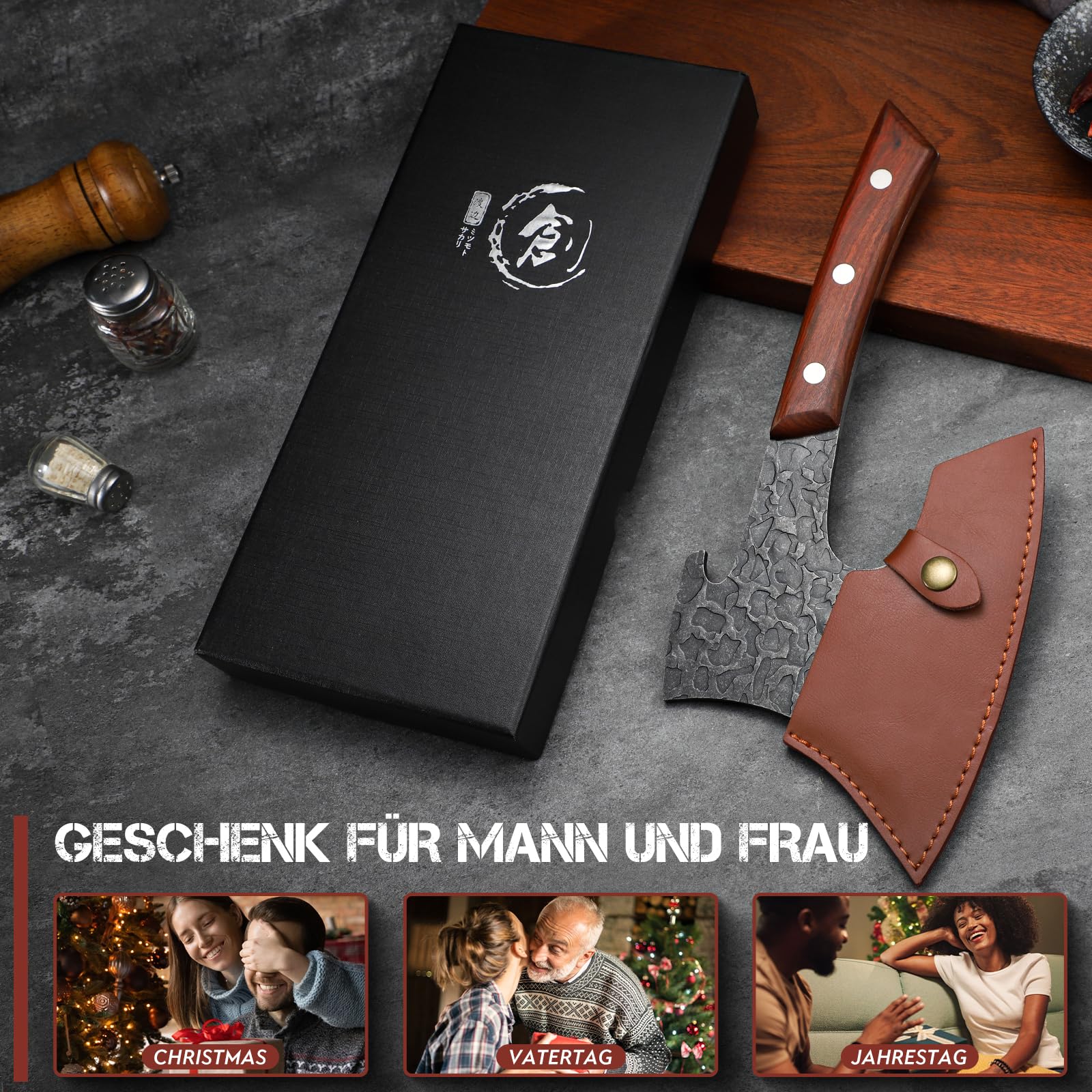 Purple Dragon Hackbeil Schwer für große Knochen und Fleisch, Full Tang Küchenbeil mit Lederscheide, Scharfes Metzgermesser aus hochwertigem Kohlenstoffstahl, Hackmesser für Knochen und Fleischerbeil