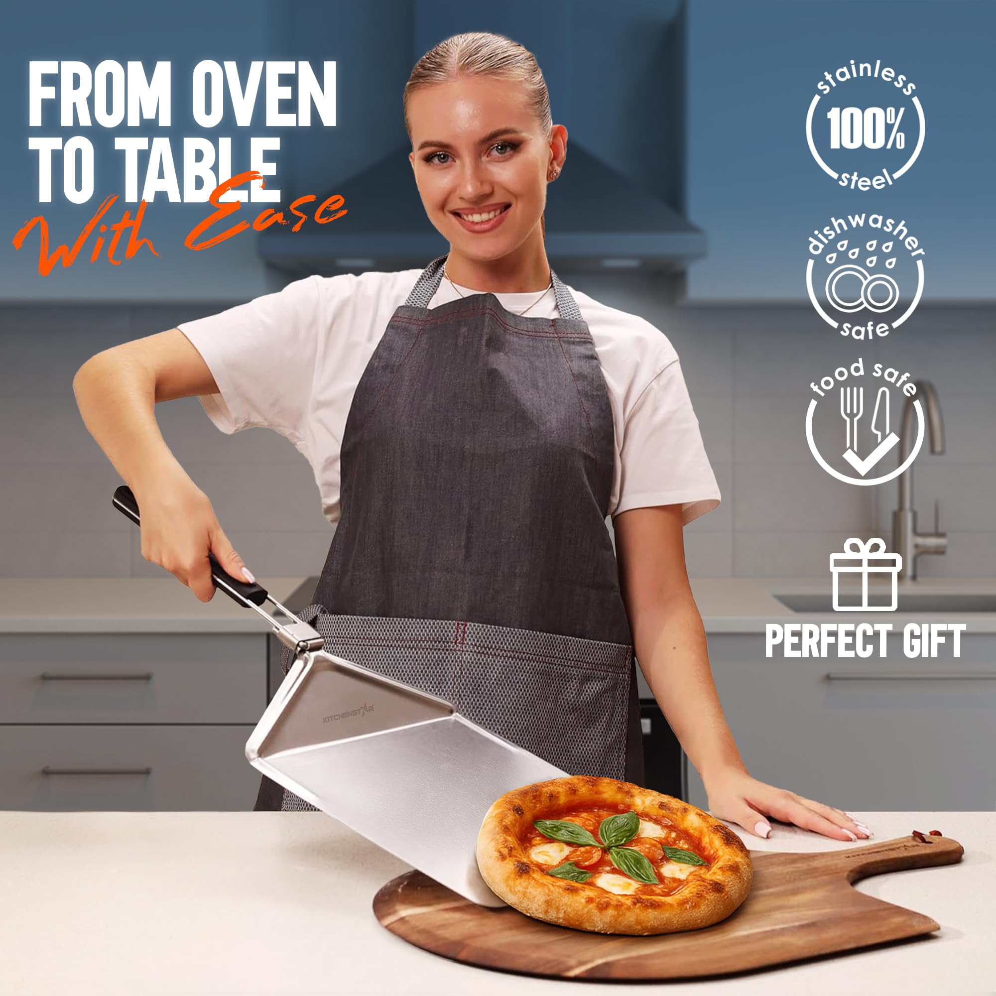 KitchenStar Pala de pizza de acero inoxidable de 12 pulgadas con mango plegable largo (no perforado)