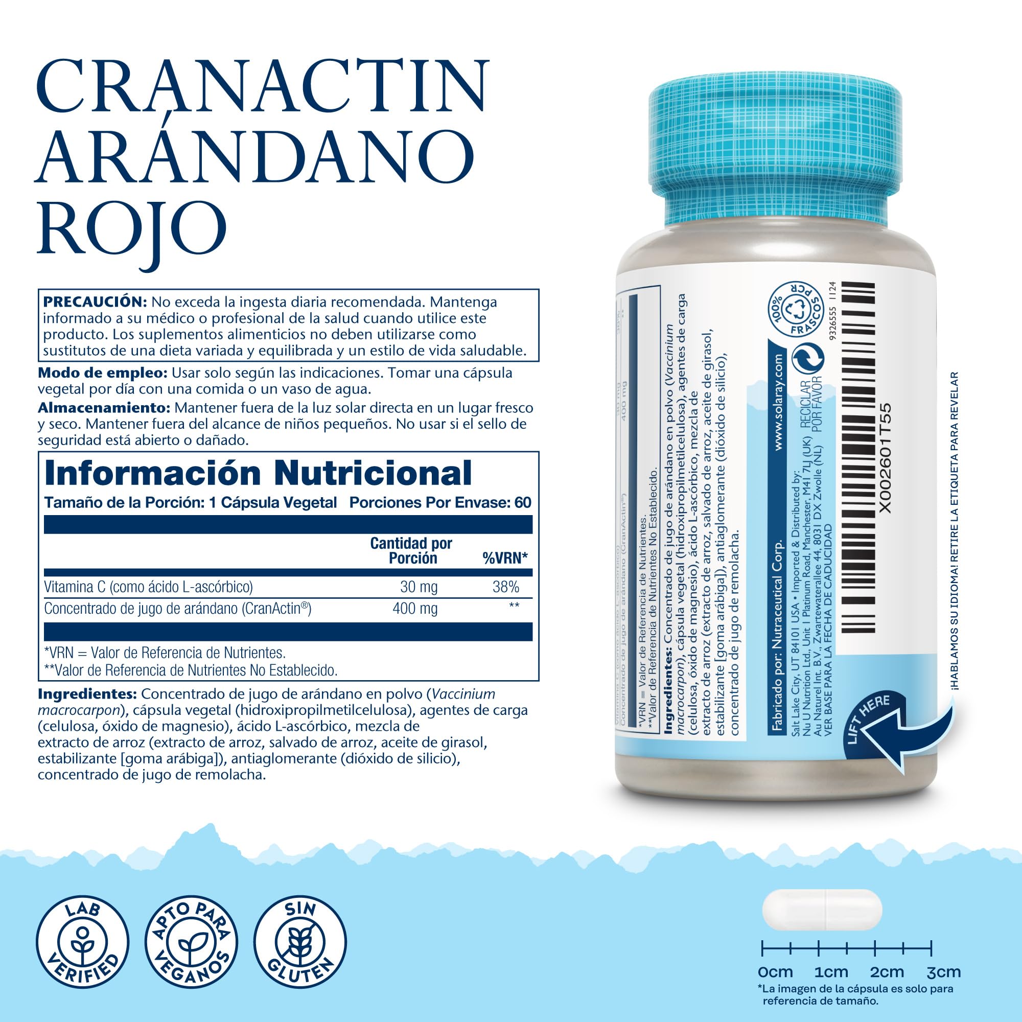 Cranactina arándano con vitamina C, 60 cápsulas veganas, no tabletas, suplemento concentrado de arándano, sin OMG y verificado en laboratorio. Solaray