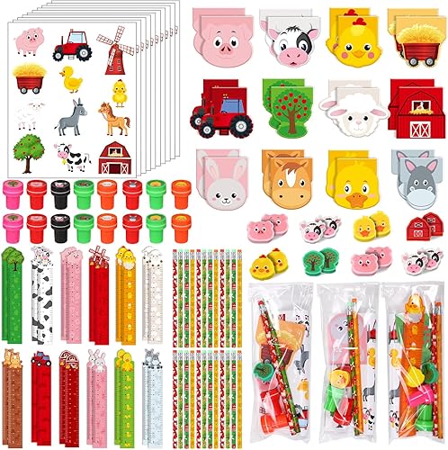168 piezas de animales de granja, papelería, recuerdos de fiesta, sello temático de granero, borrador, regla de lápiz, calcomanías para cuaderno,