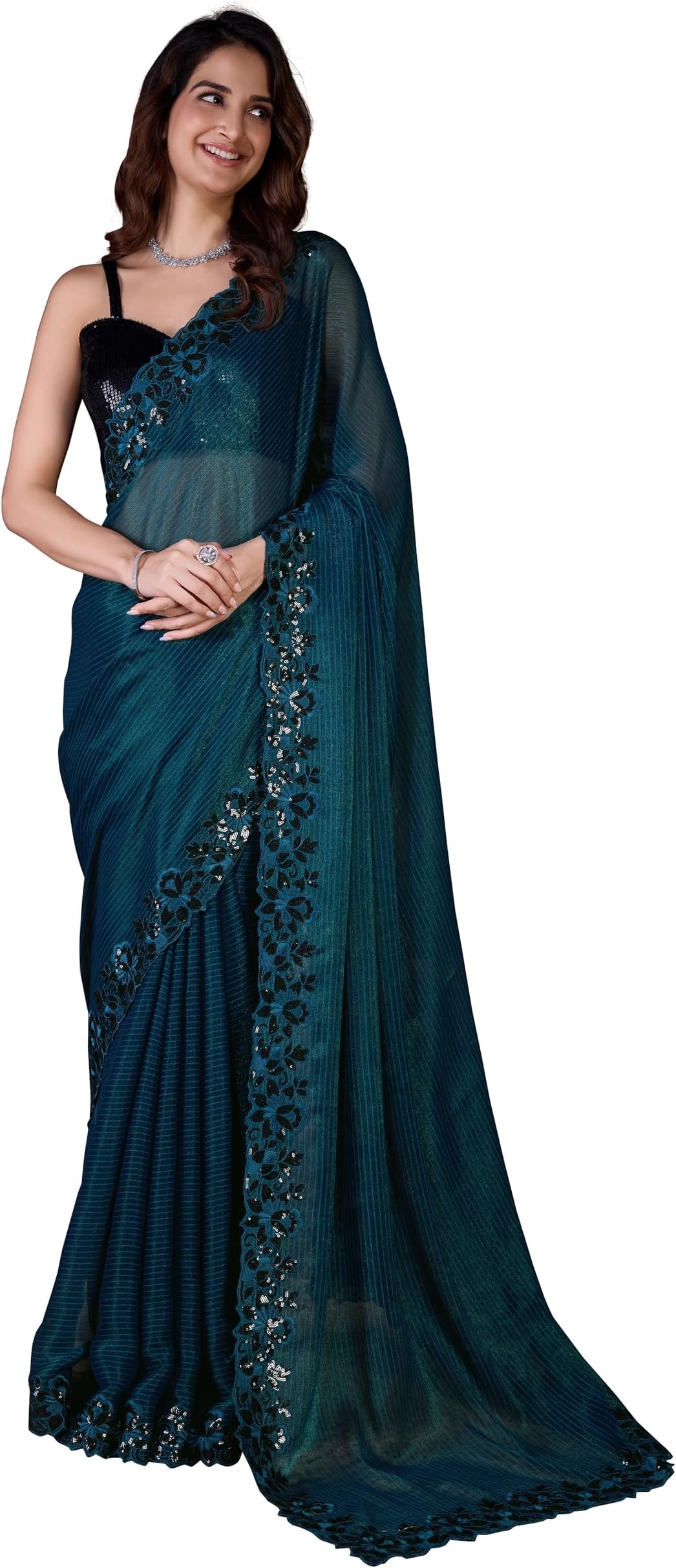 TRENDMALLS Women's Chiffon Sequin Embroidery Cut Work Border Saree with Unstitch Blouse Piece (K1062-Morpeach)