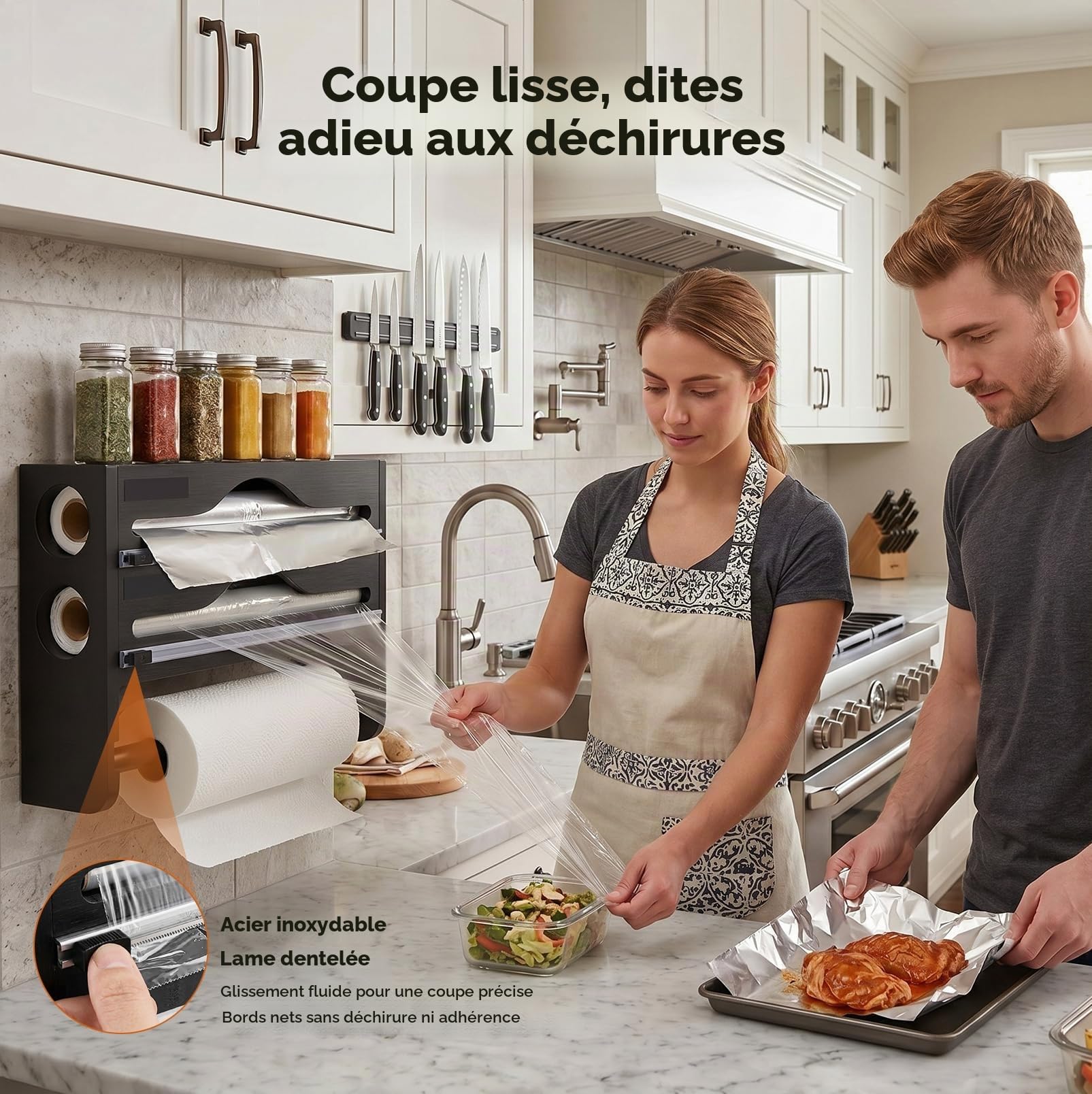 Porte-Rouleau Cuisine Mural 3 en 1 en Bois, Distributeur Film & Aluminium | Porte Essuie-Tout avec Distributeur Film Alimentaire et Papier Aluminium, Rangement Mural Gain de Place pour Cuisine