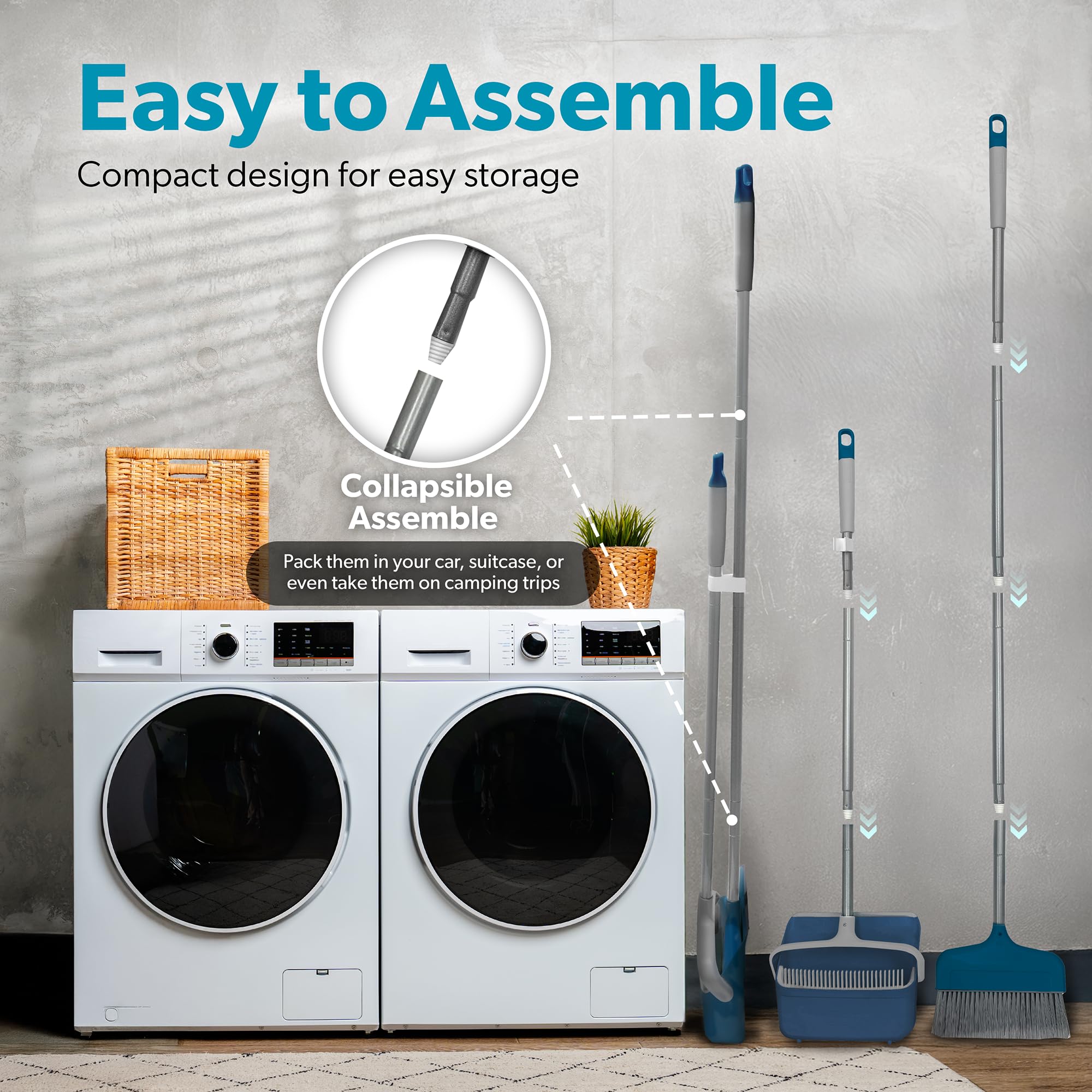 BLACK+DECKER Juego de escoba y recogedor de mayordomo, diseño de pie, ligero, combo que ahorra espacio para cocina, sala de estar, baño, suelos de vestíbulo, esencial para limpieza del hogar, azul